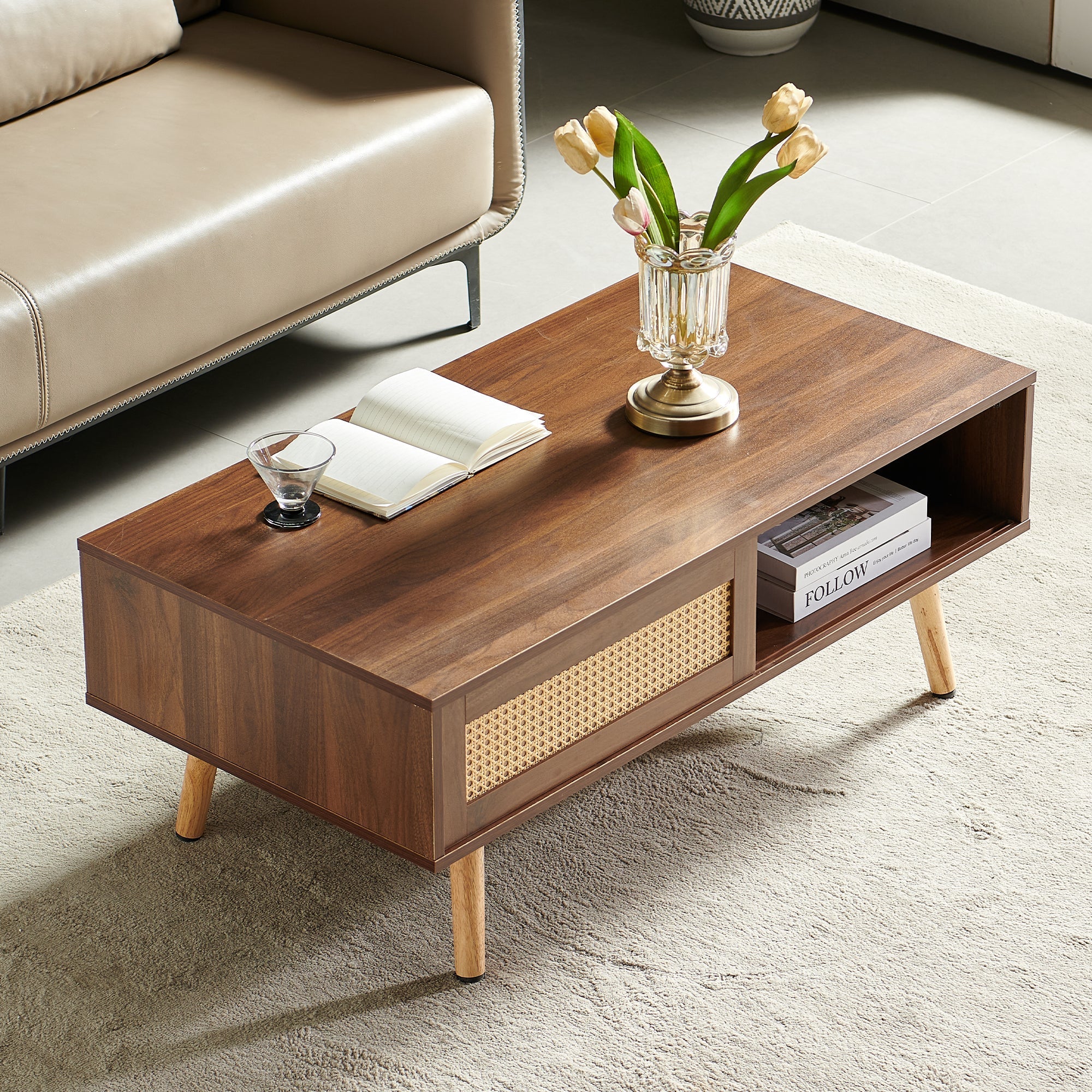Wicker Coffee Table Sliding Doors Solid Wood Legs Dark Walnut Wood