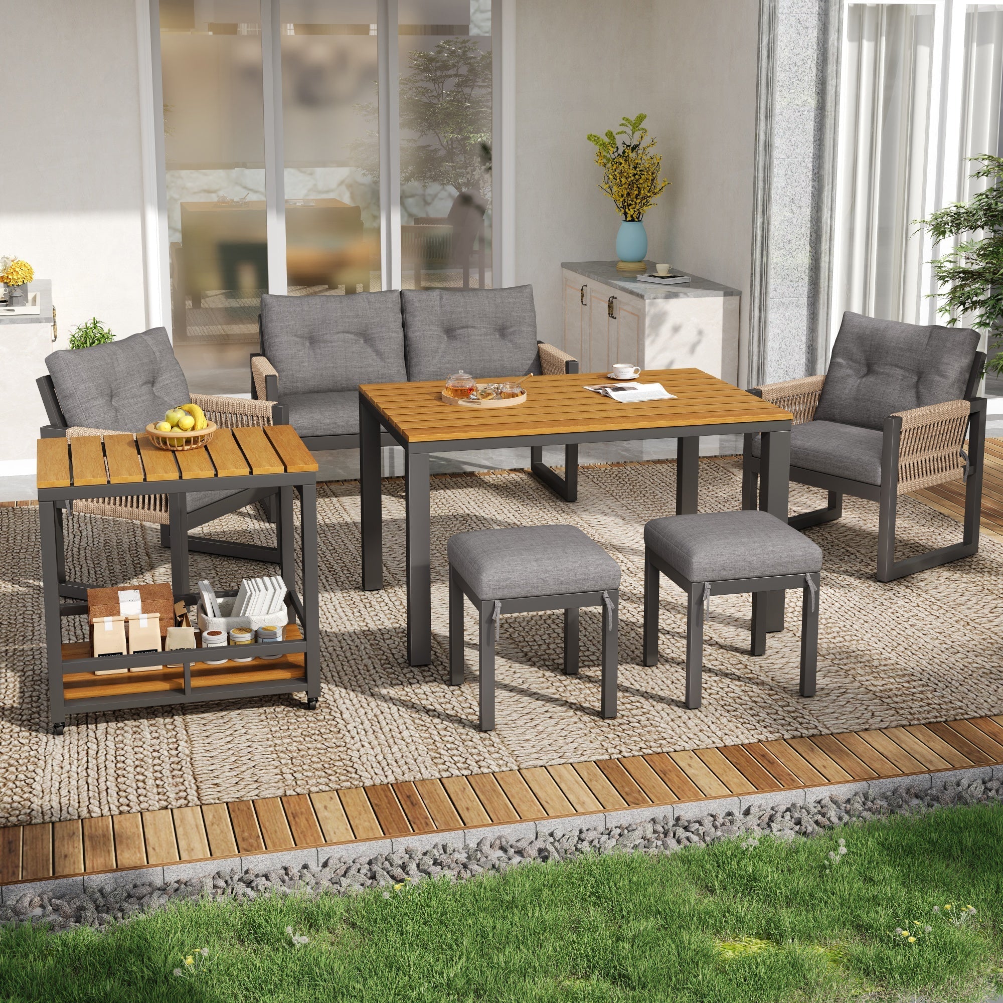 Outdoor Sofa Set with Woven Armrests, Cushions and Multifunctional Table, Iron Frame