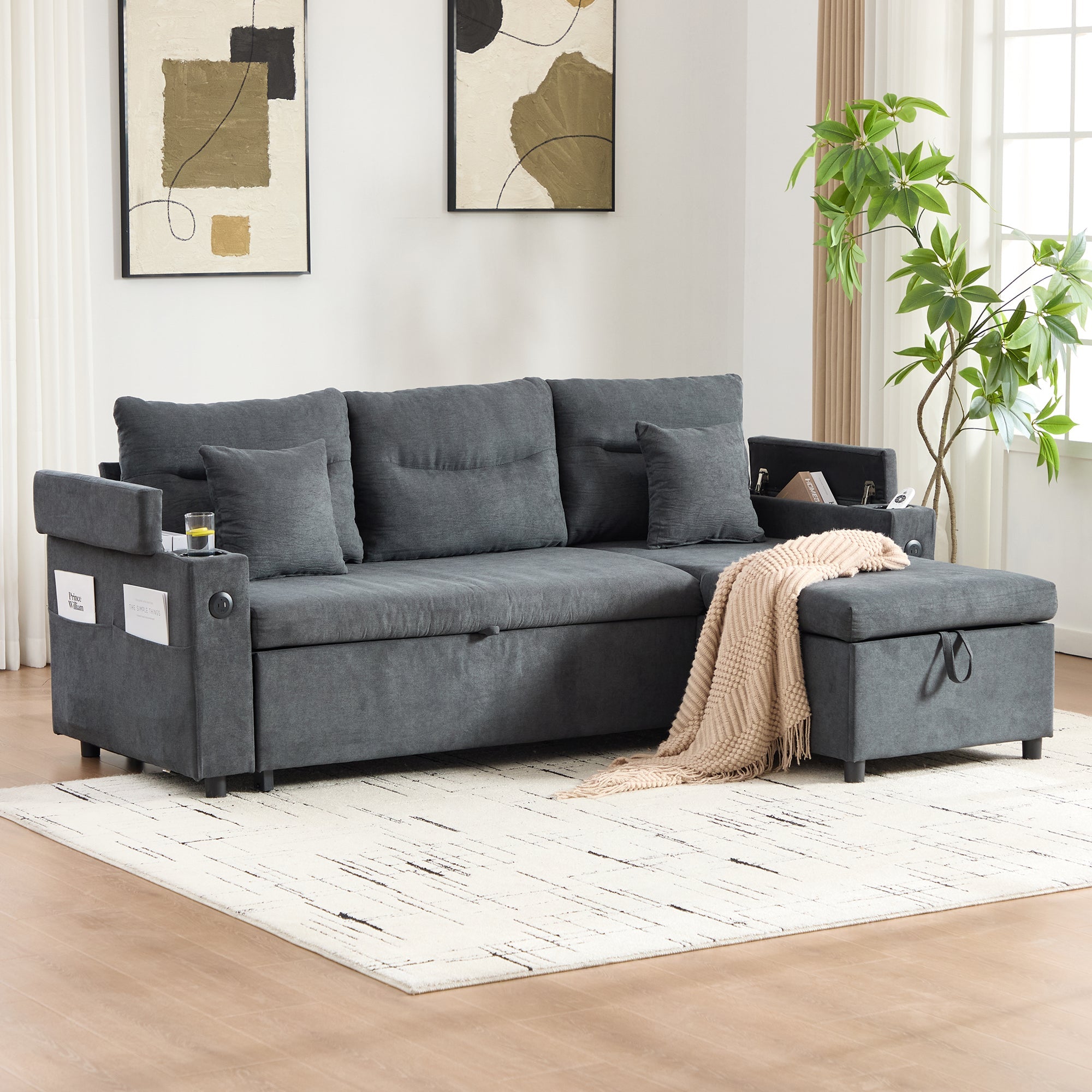 3-Seater Sofa Bed with Storage, Cup Holders and USB-C, Linen Fabric