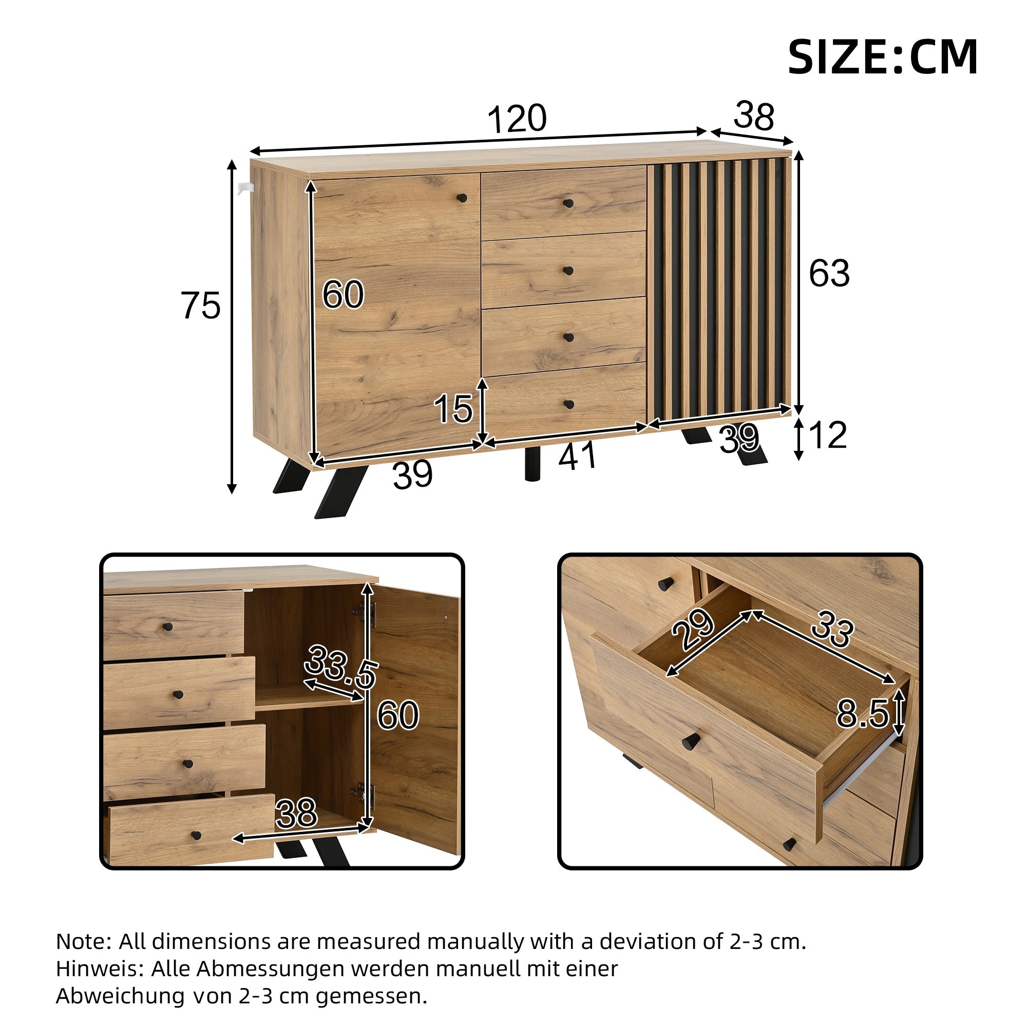 Living Room Combination, 120cm Sideboard + 150cm TV Cabinet, 5-Tier Storage, Solid Black Wood