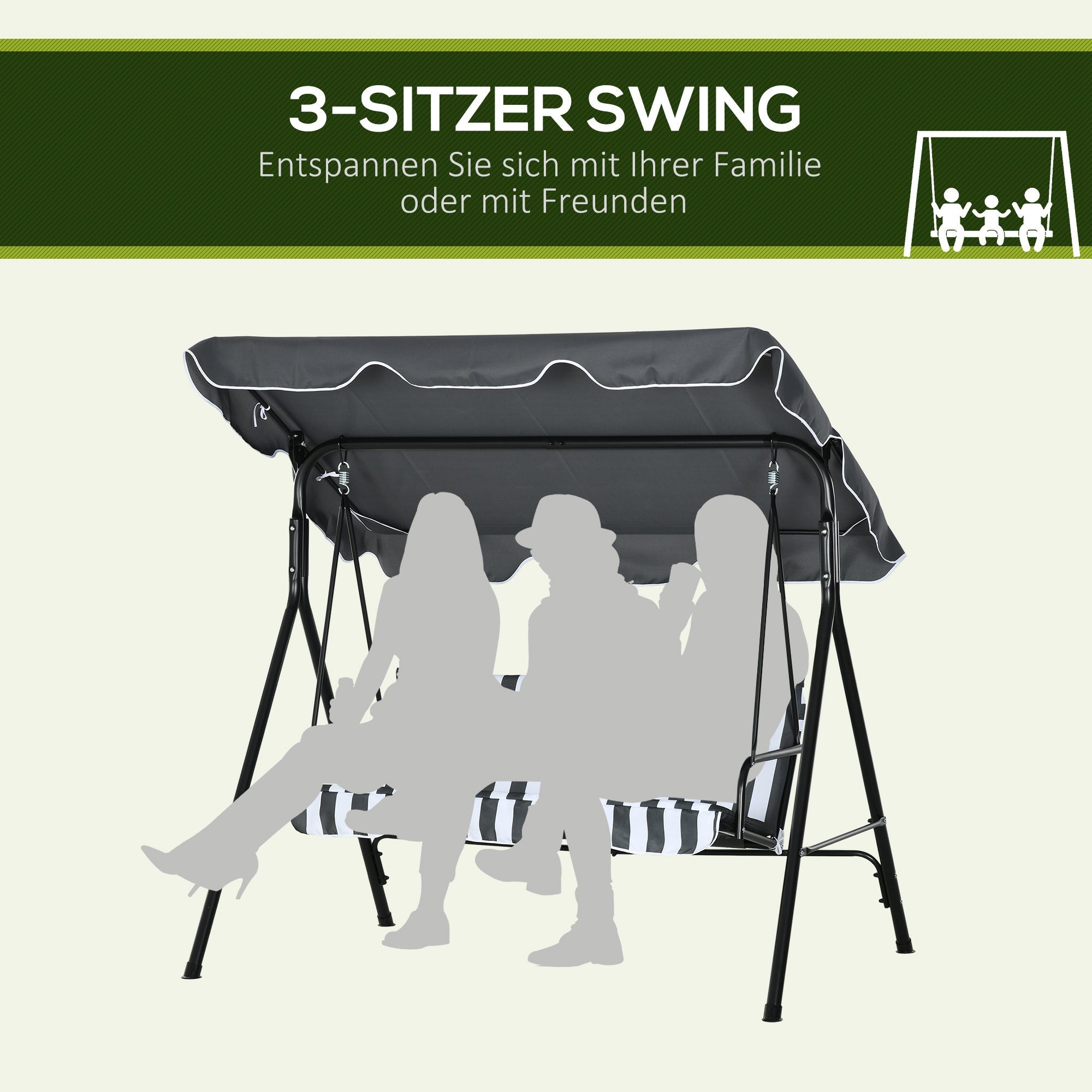 Outsuuny 3-Seater Garden Swing with Adjustable Sunshade, 240 kg Load Capacity, Grey/White