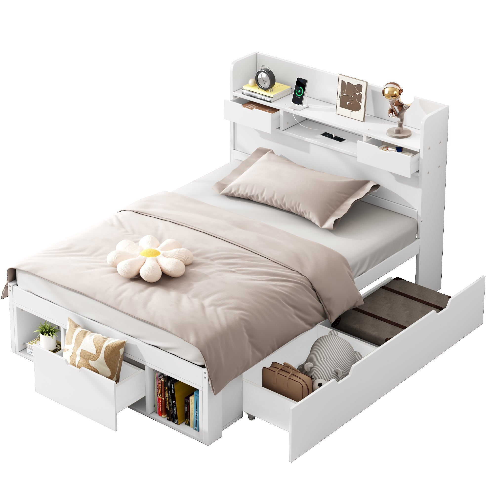 Single Bed Multifunctional 90x190cm with USB Port Drawer & Large Storage White