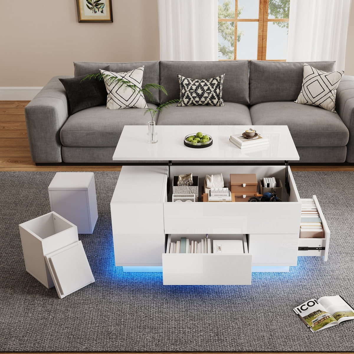 Coffee Table 4-in-1 Height-Adjustable LED 2 Drawers High-Gloss White