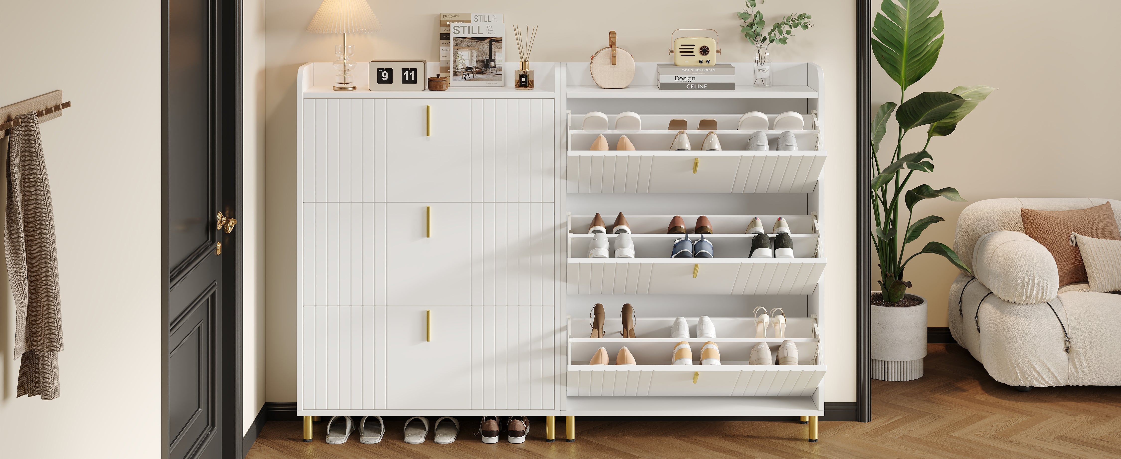 Shoe Cabinets 2-Pack 3-Door 6-Compartment Adjustable Anti-Tip White