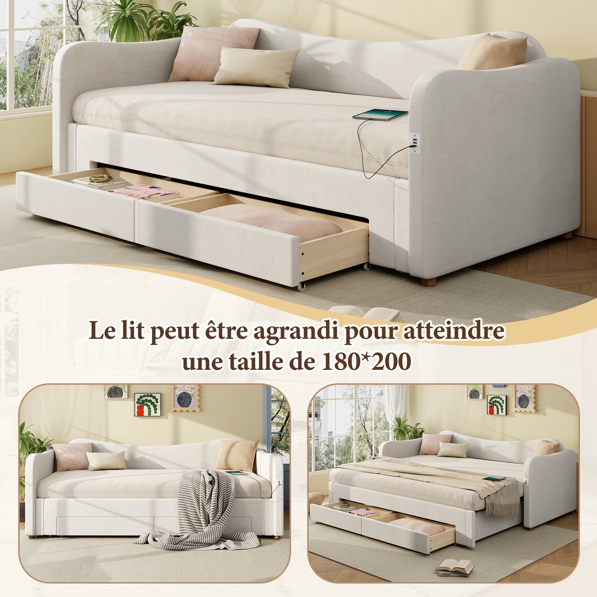 Upholstered Daybed with 2 Drawers, USB Port, 90x200cm Extendable to 180cm, Beige Velvet