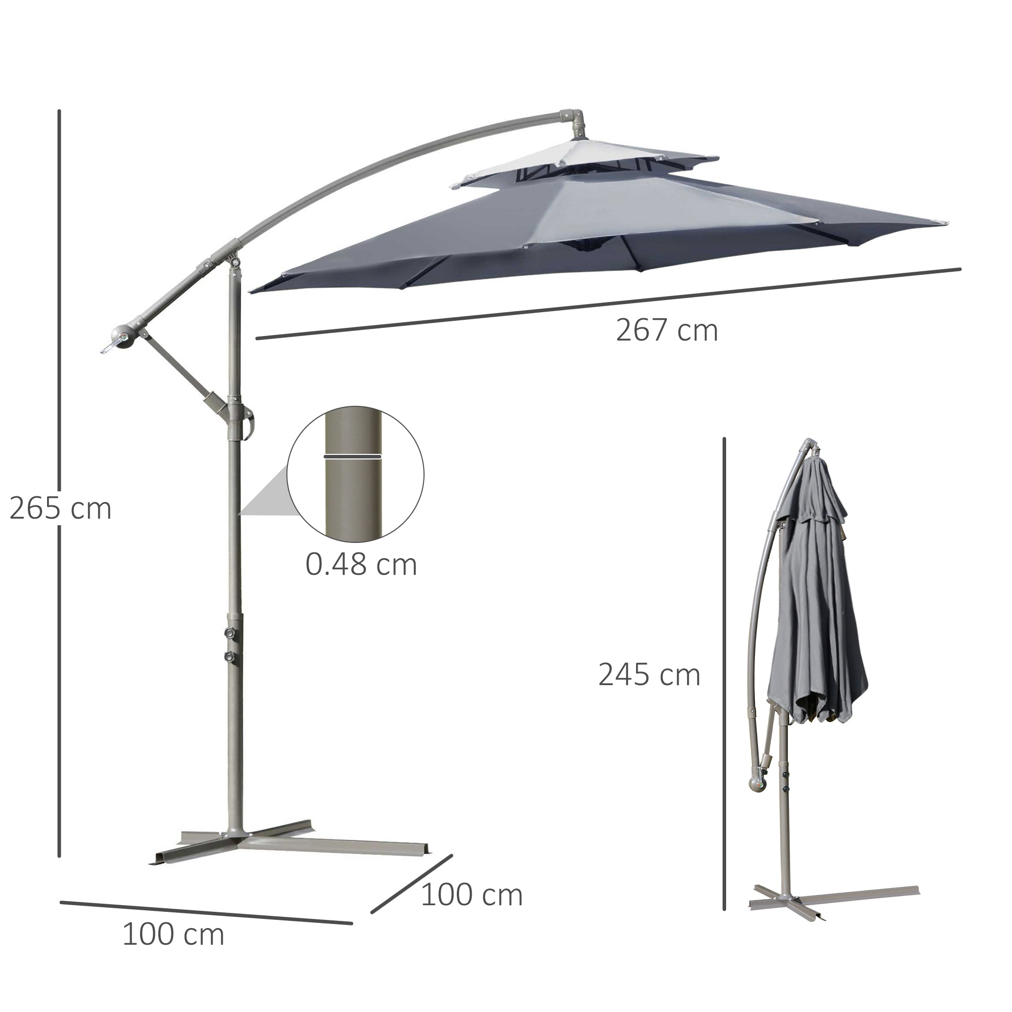 2.7m Garden Banana Parasol Cantilever Umbrella, Crank Handle Double Tier Canopy, Dark Grey