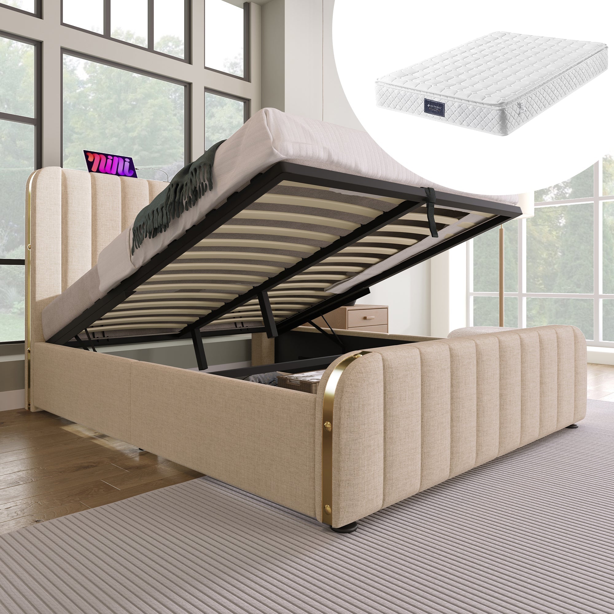 Upholstered Bed 160x200cm Double Headboard USB-C Hydraulic Storage, Beige Linen
