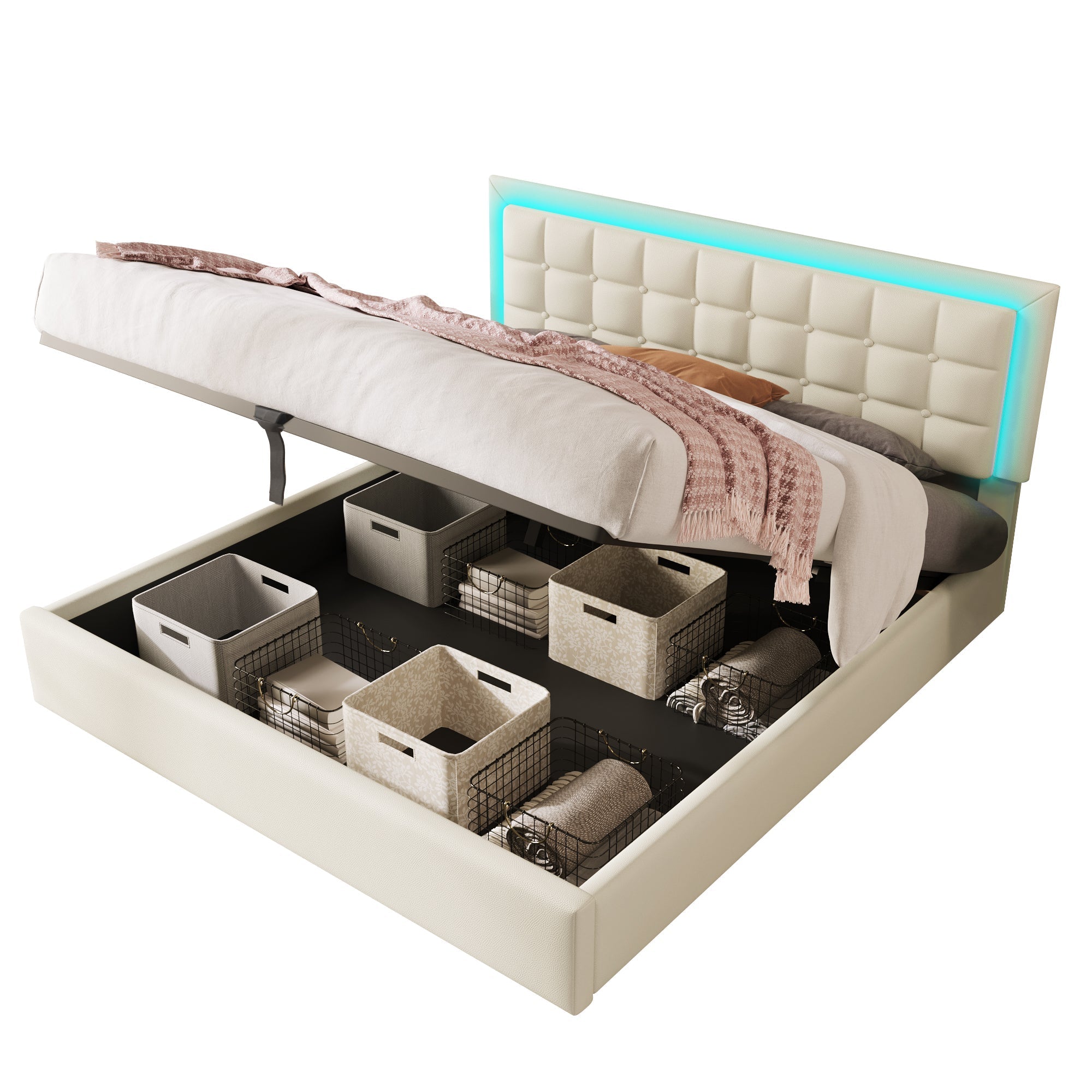 Upholstered Bed, 140x200cm, Slatted Frame, Storage, LED, White Faux Leather