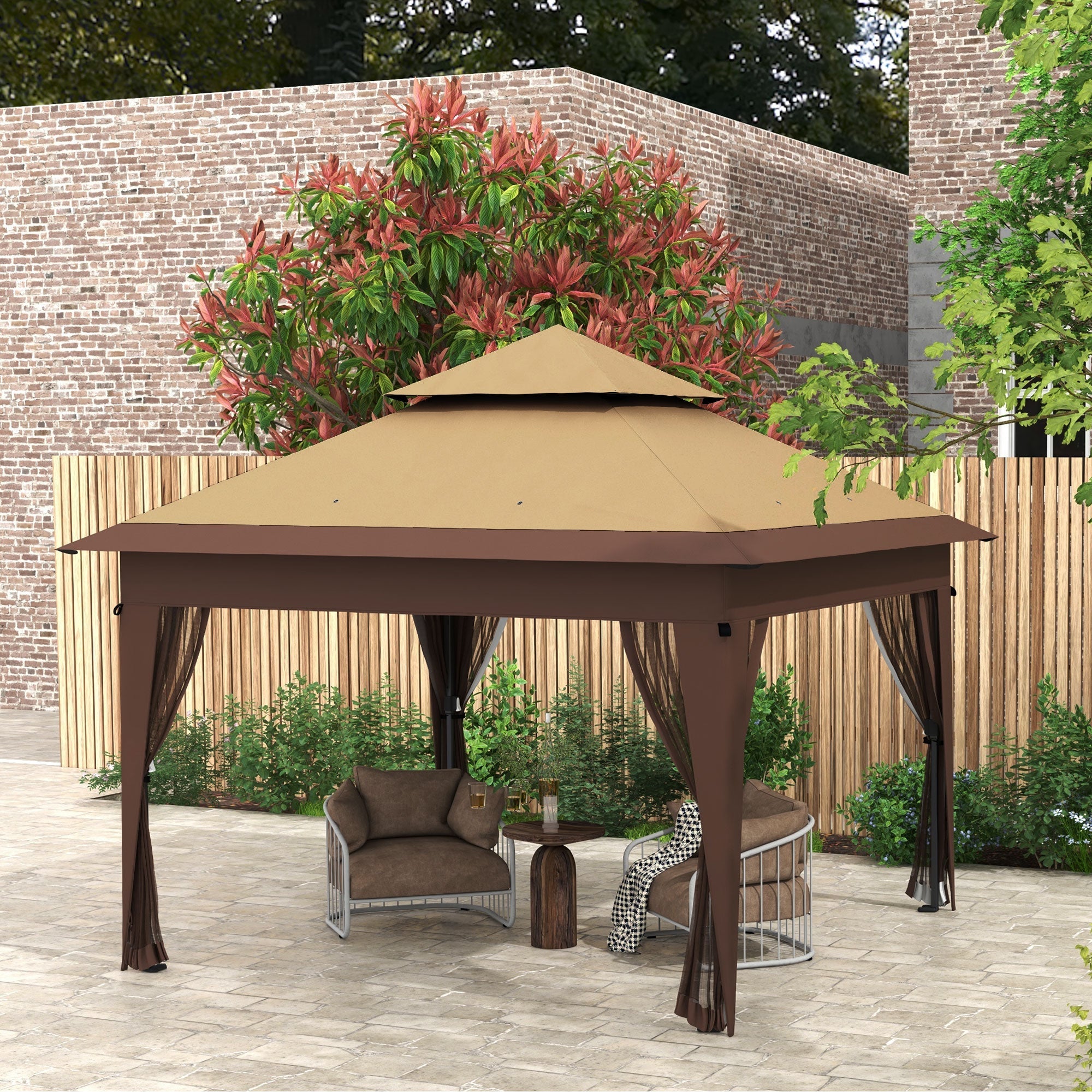 Pop Up Gazebo, 3x3m Easy Setup with Mosquito Netting and Double Roof, Khaki
