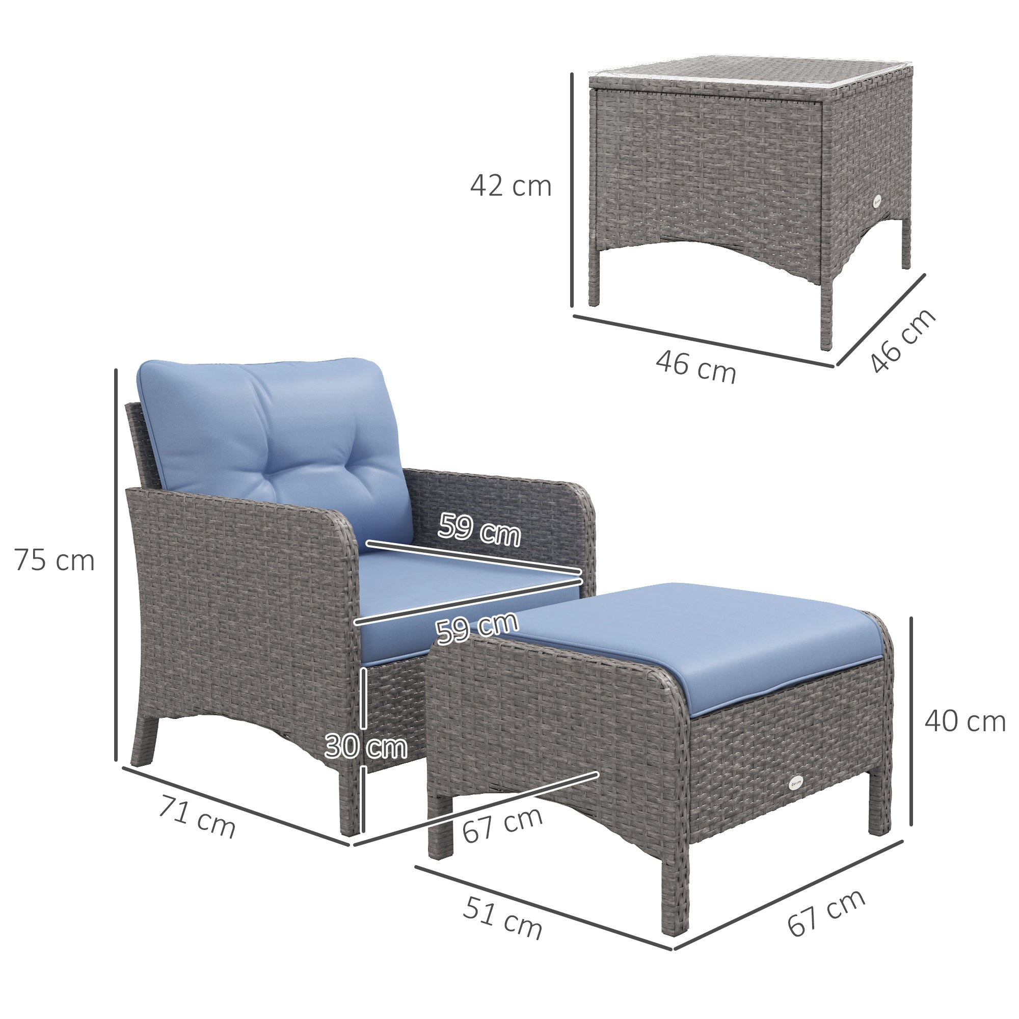 5 Pieces Garden Furniture Set Wicker Outdoor Sofa 2 Armchairs 2 Stools Glass Table Cushions Blue Rattan