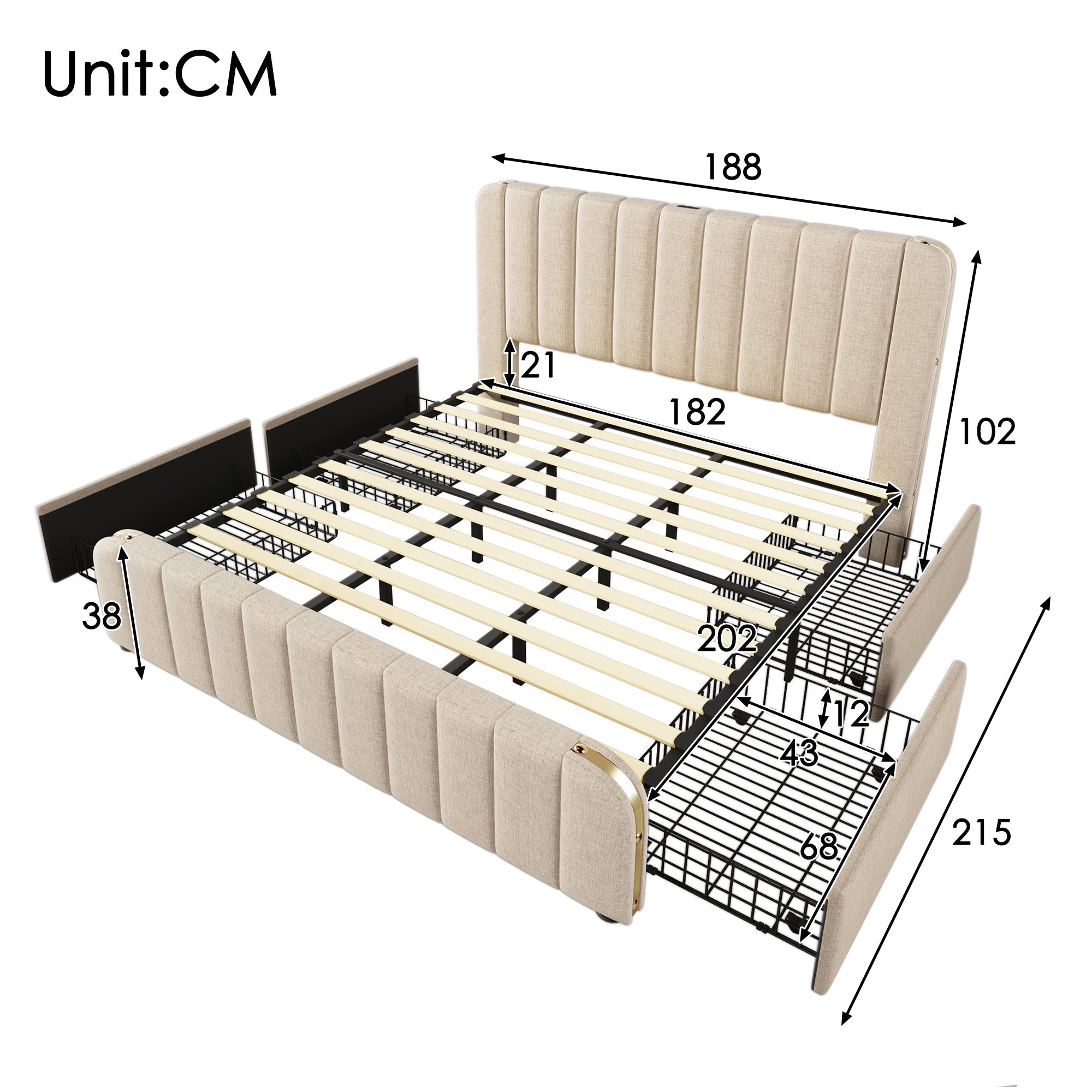 Upholstered Bed 180x200cm, Padded Headboard USB Type-C, 4 Drawers, Beige Linen