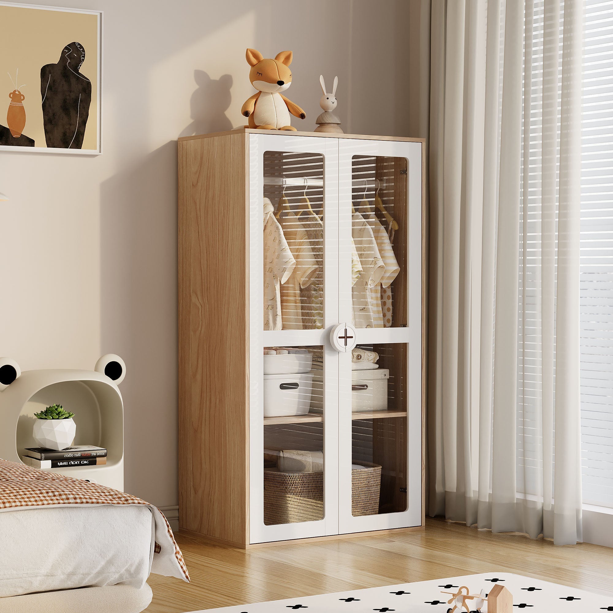 Children's Wardrobe, Double Doors Hanging Rail Sliding Shelves, White Lacquer & Natural MDF