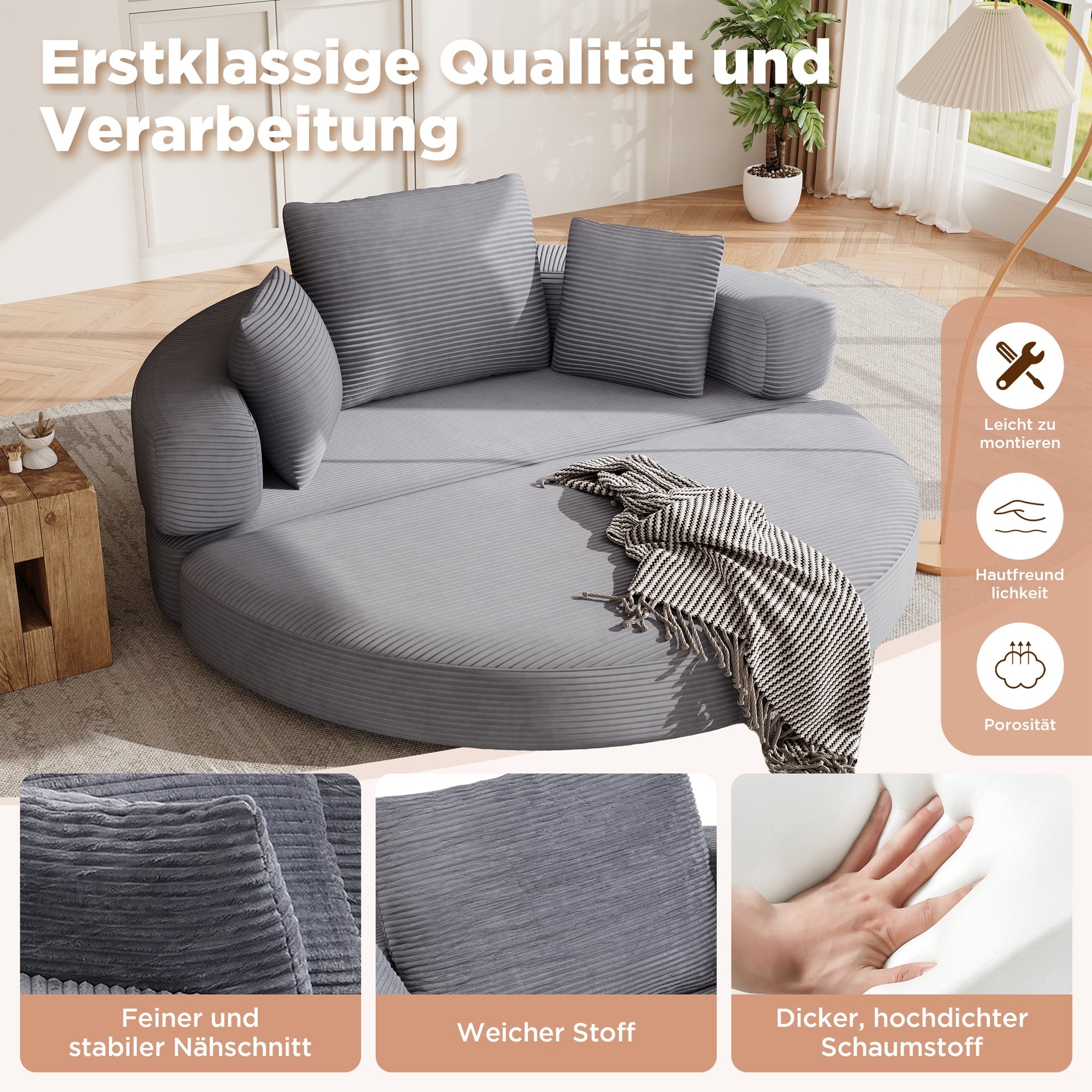 Multifunctional Sofa Bed, Fold-Out Oval Couch (173x176cm), Corduroy