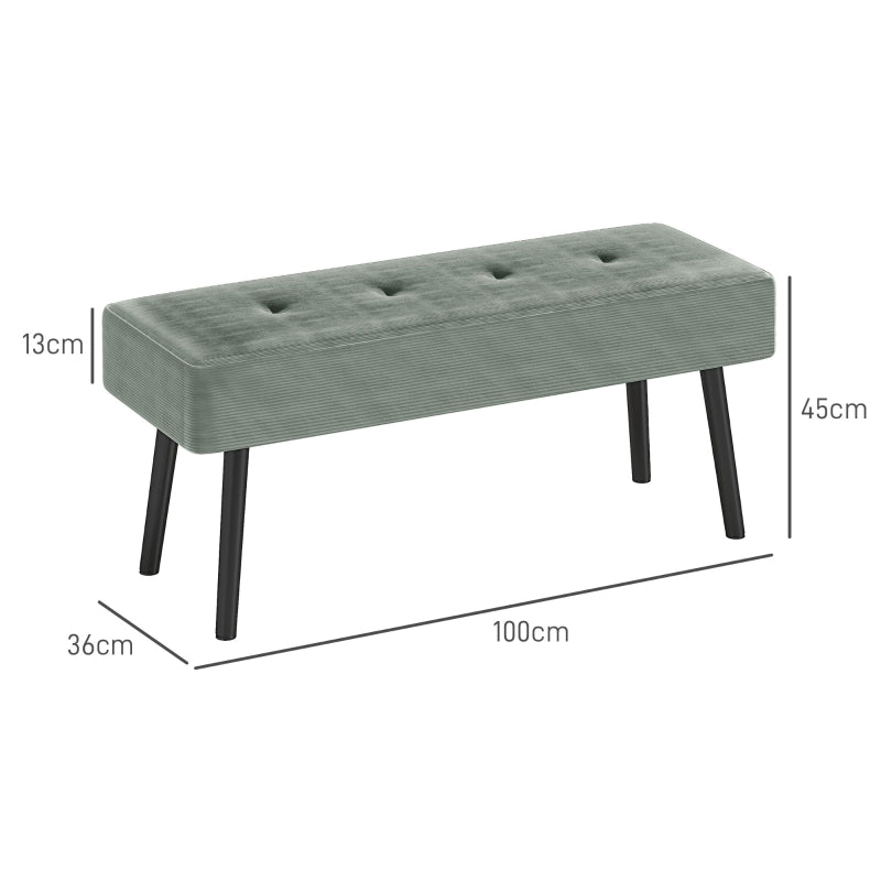 End of Bed Bench with Thick Padding and Steel Legs, Corduroy, Green
