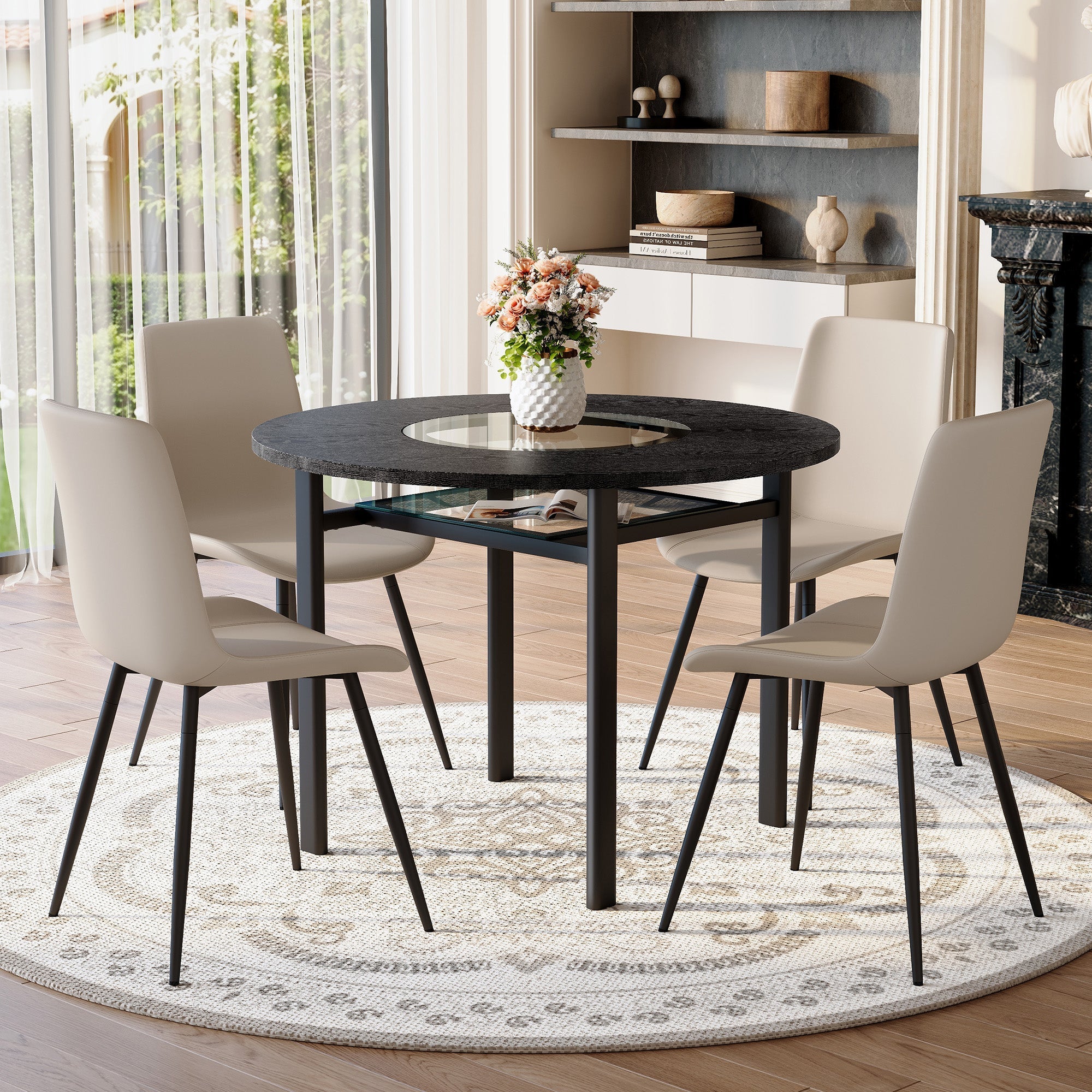 Minimalist Round Table Set 100cm 4 Armchairs - Black Wood Look/Warm Grey PU