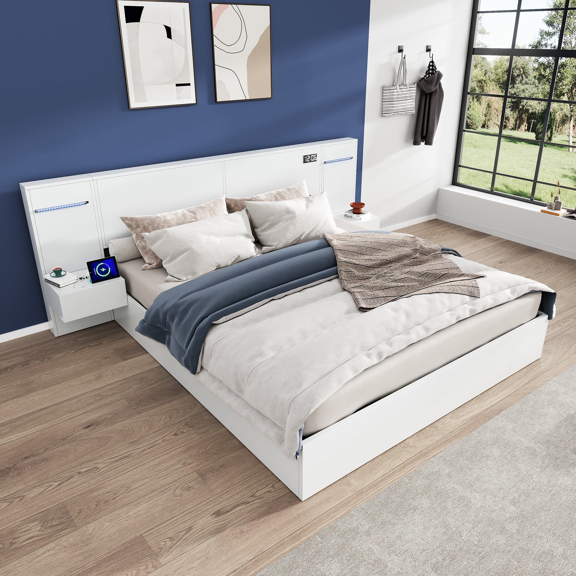 Double Bed with USB Port, Bluetooth Speaker, LED and 2 Bedside Tables, 180x200cm, White Wood