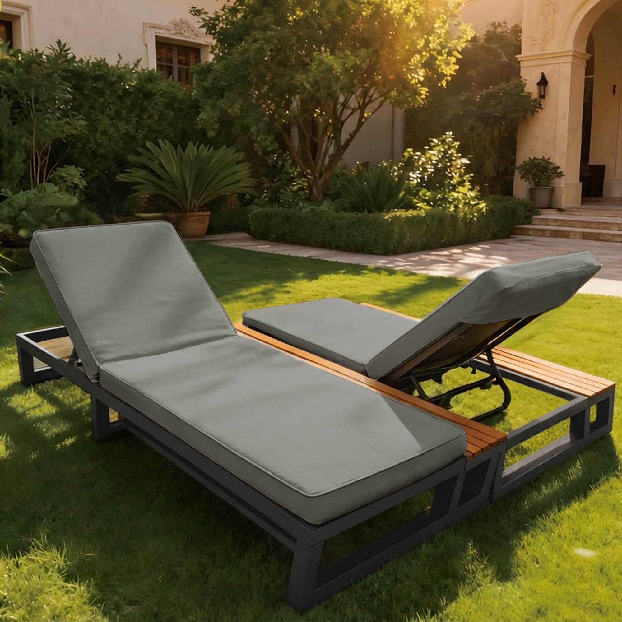 Outdoor Patio Daybed with Adjustable Backrest and Side Shelves, Waterproof Double Lounger, Gray