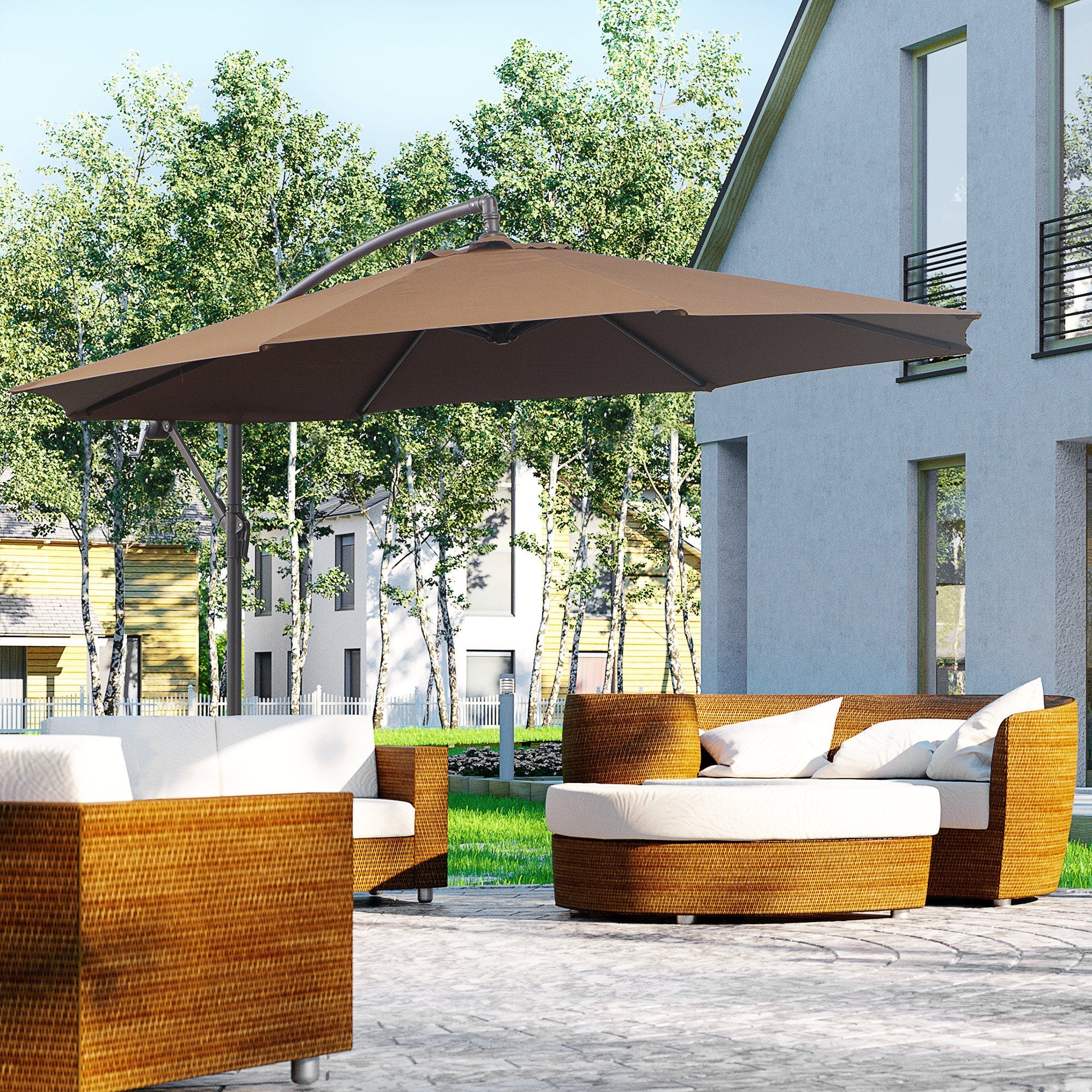 Cantilever Parasol, Sunshade Ø3x2.5m with Crank, Steel Frame, Coffee Polyester Fabric