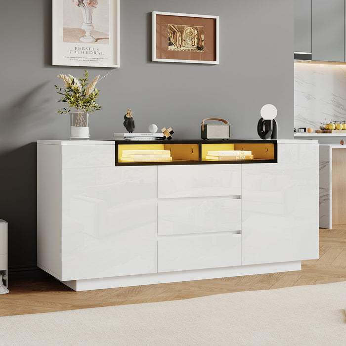 Sideboard Cabinet 140x40x68cm Adjustable Dividers LED Lights 3 Drawers, High-Gloss White/Black