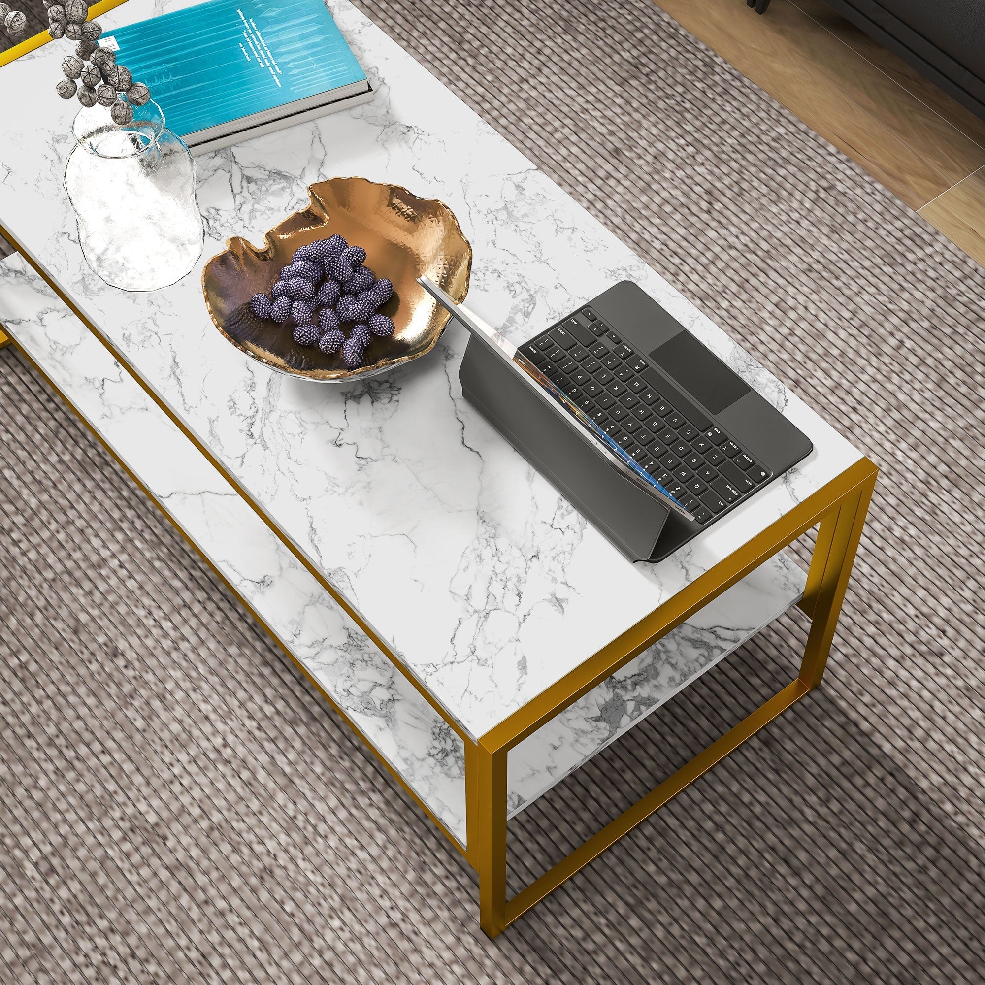 Coffee Table, Two-Tier Centre with Storage Shelf, Metal Frame, White