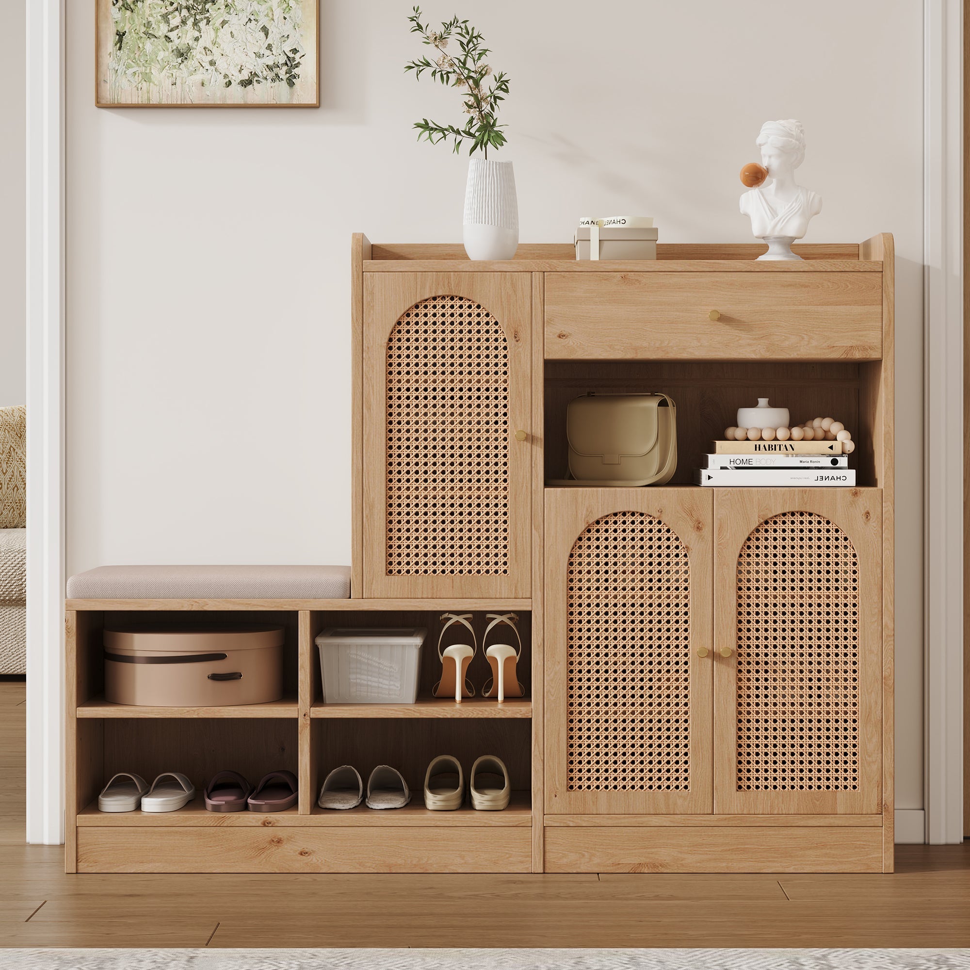 Shoe Cabinet with Upholstered Bench, 3 Rattan Doors and 1 Drawer, Wood Look