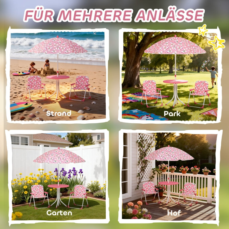 Children's Seating Set 4-Piece Table 2 Folding Chairs Removable Parasol Pink