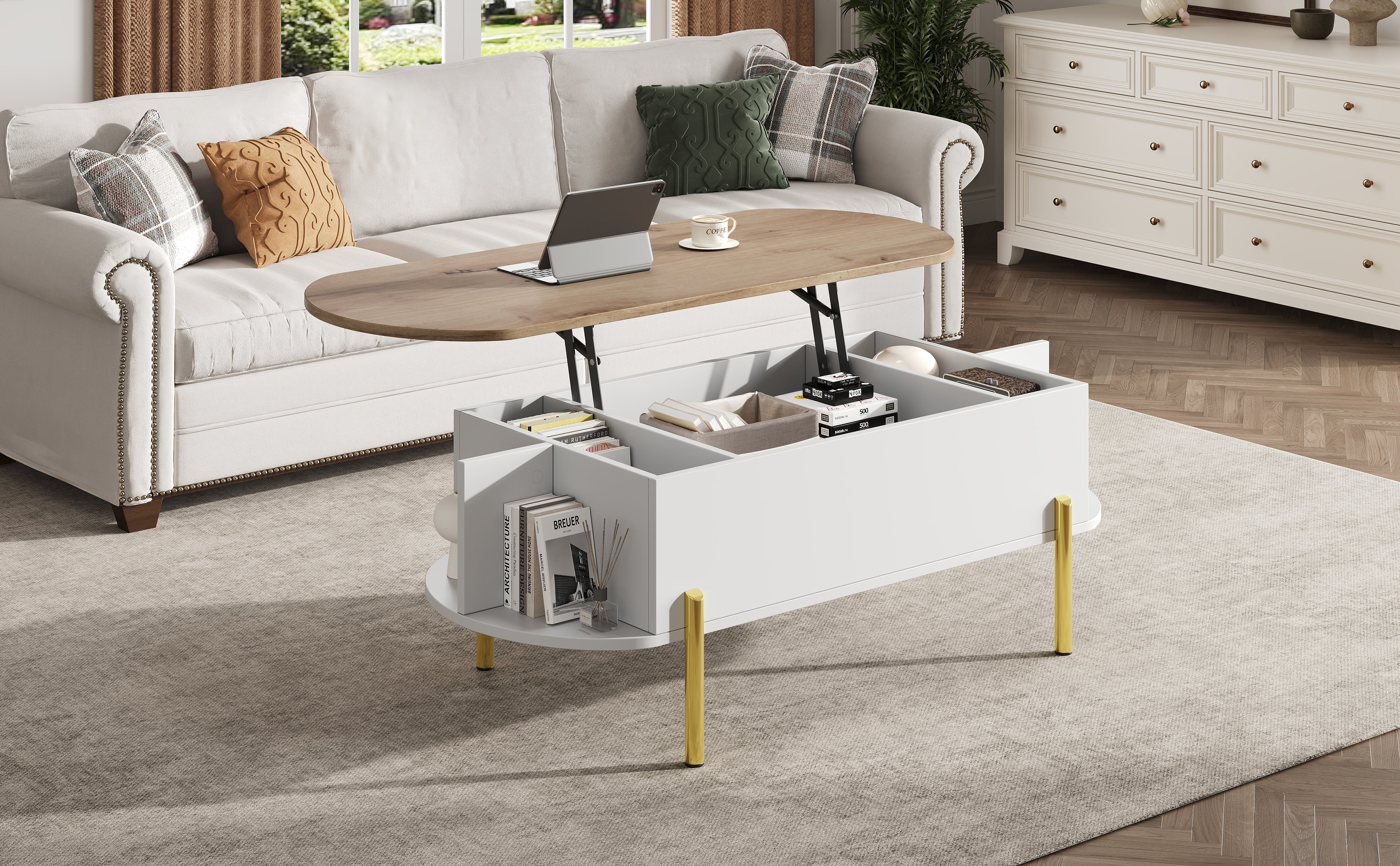 Coffee Table 120x50x43cm Height-Adjustable Hidden Storage 7 Shelves Wood/White