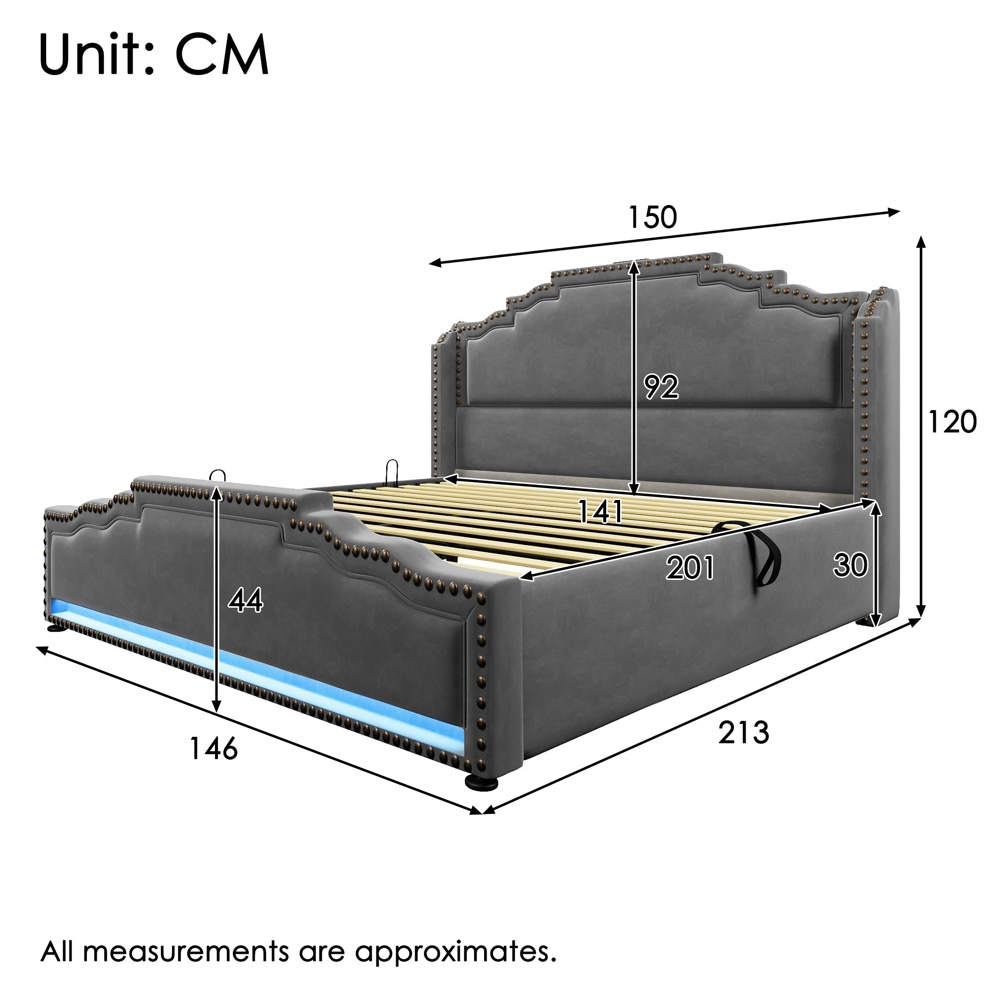 Upholstered Bed 140x200 Hydraulic Storage LED/USB Slatted Frame, Velvet Grey