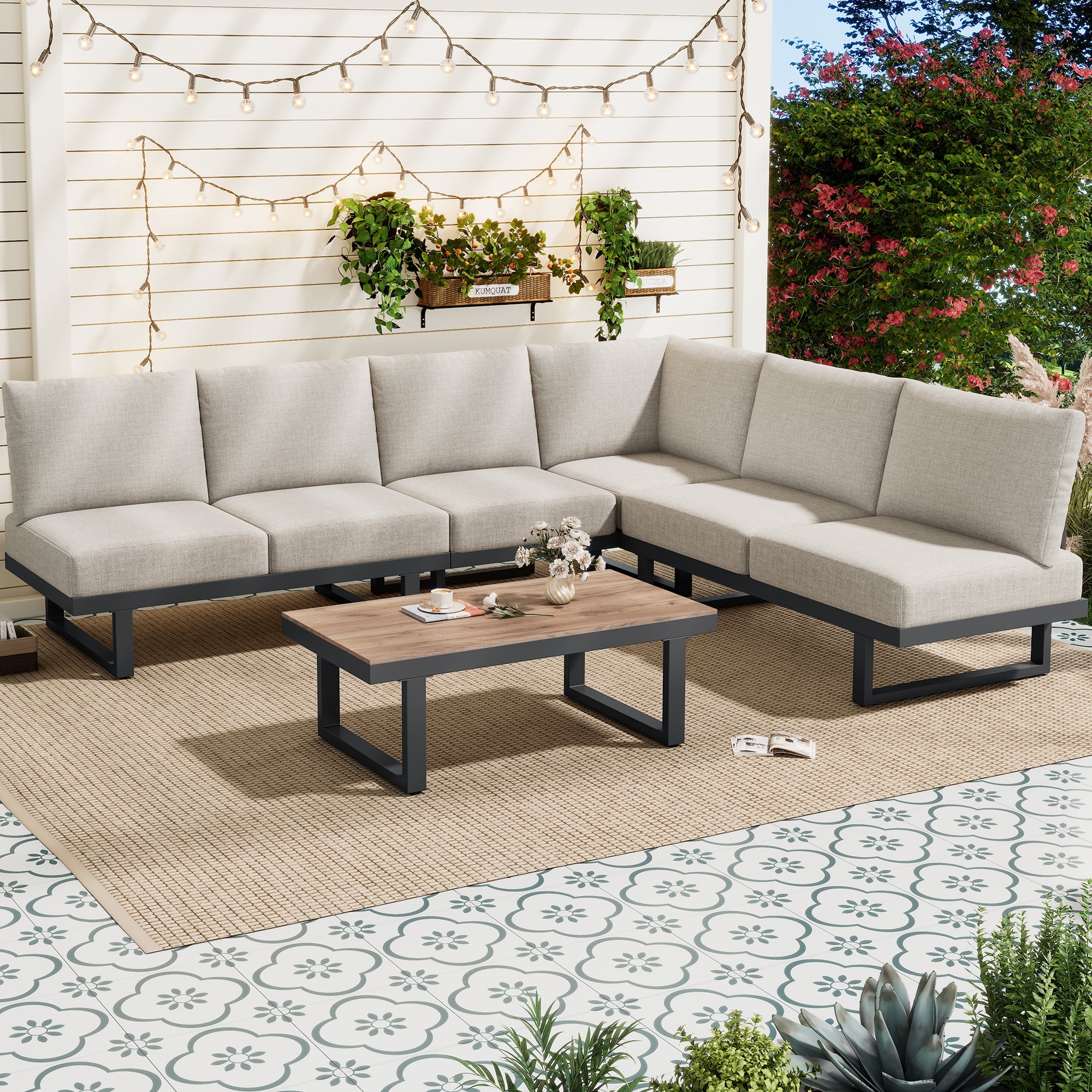 Garden Furniture Set with Convertible Daybed and Coffee Table, Galvanized Steel, Grey