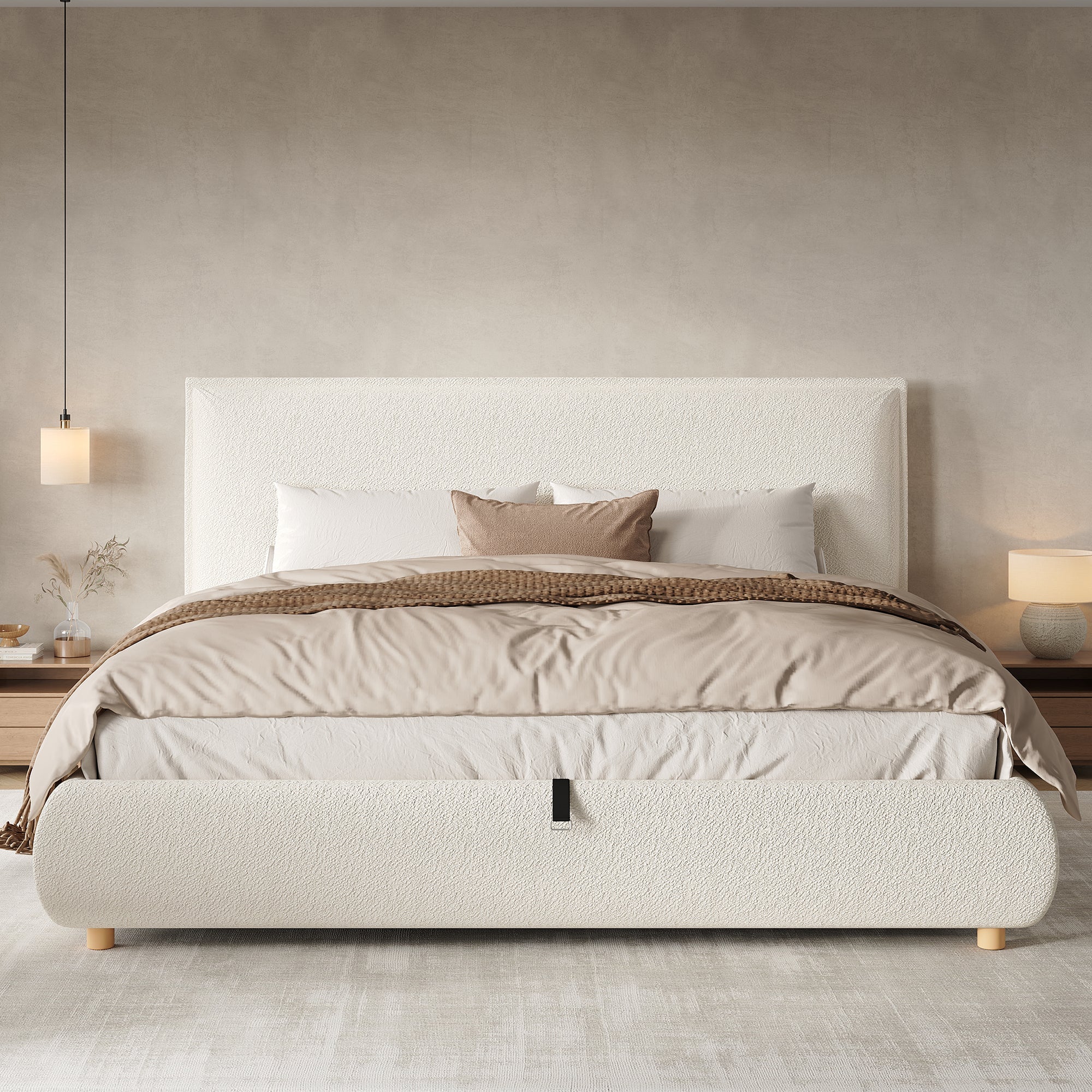 Upholstered Double Bed, 180x200cm Hydraulic Storage Bed with Slatted Frame and Wood Legs, White Bouclé