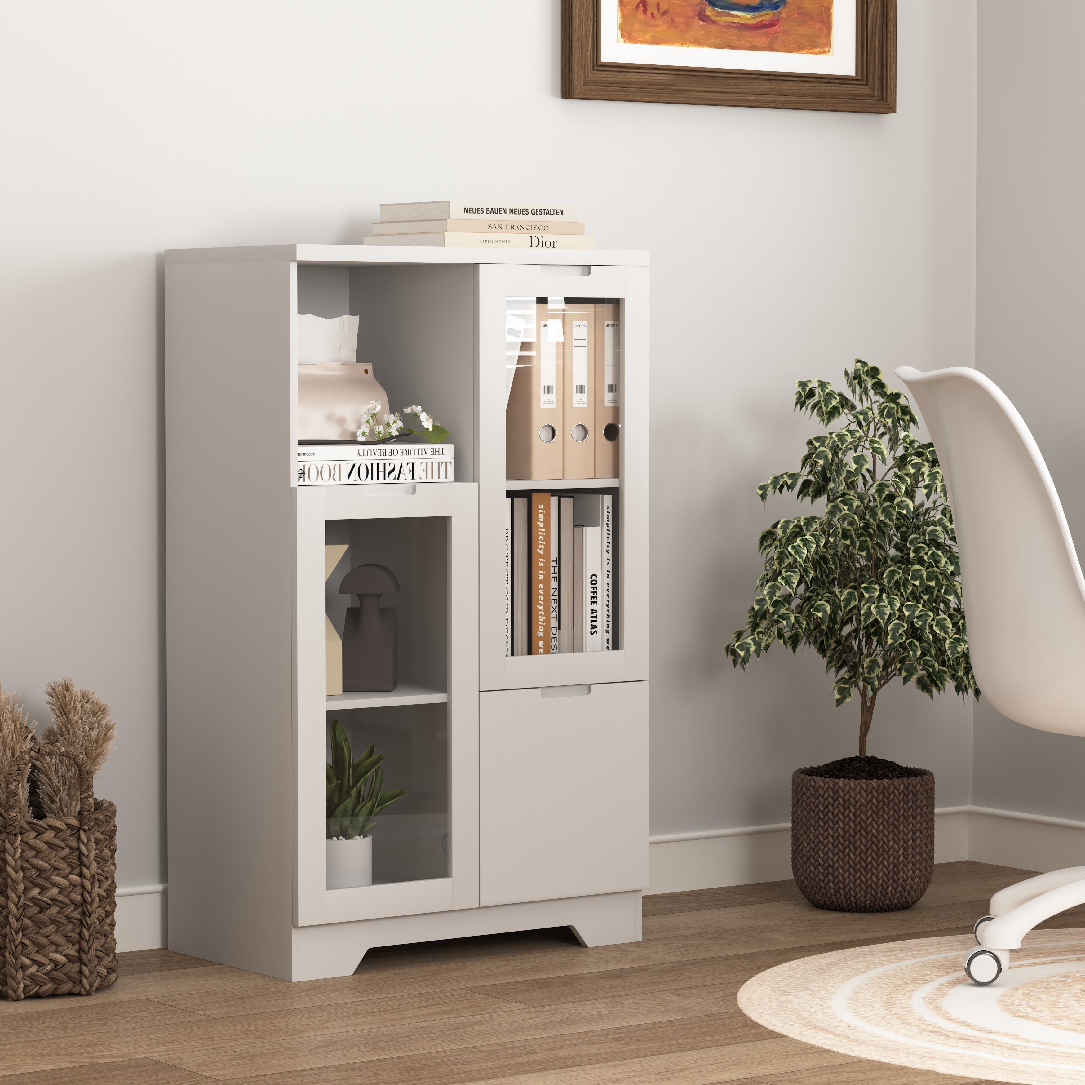 MDF Storage Cabinet with Glass Doors and Drawer, White