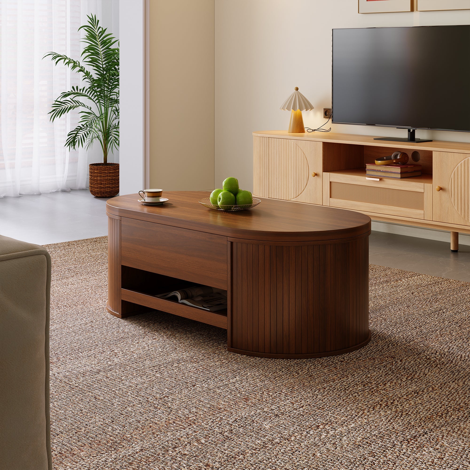 Liftable Coffee Table, Curved Sides Pull-Out Shelf Multifunctional, Wooden