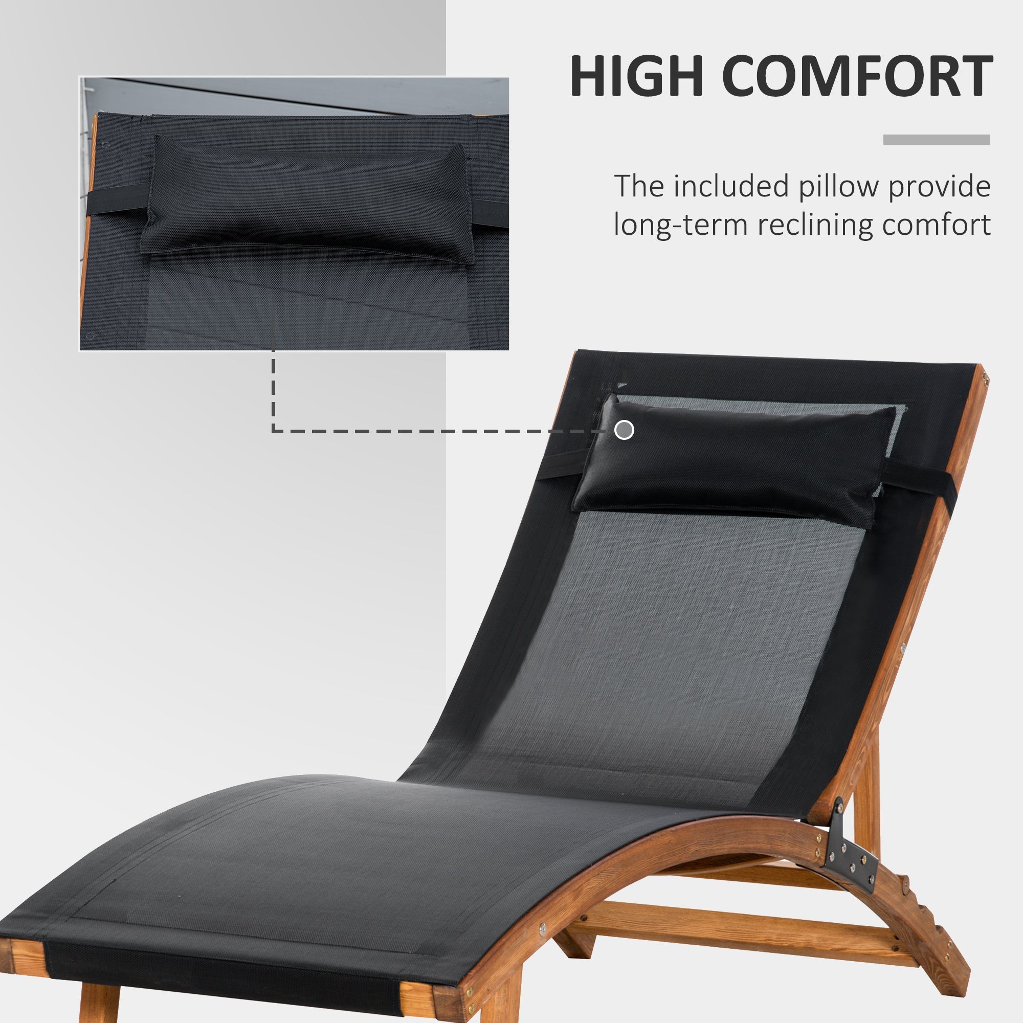 Ergonomic Patio Lounge Chair Outdoor Chaise with 3-Position Adjustable Back and Headrest Pillow, Wooden Black