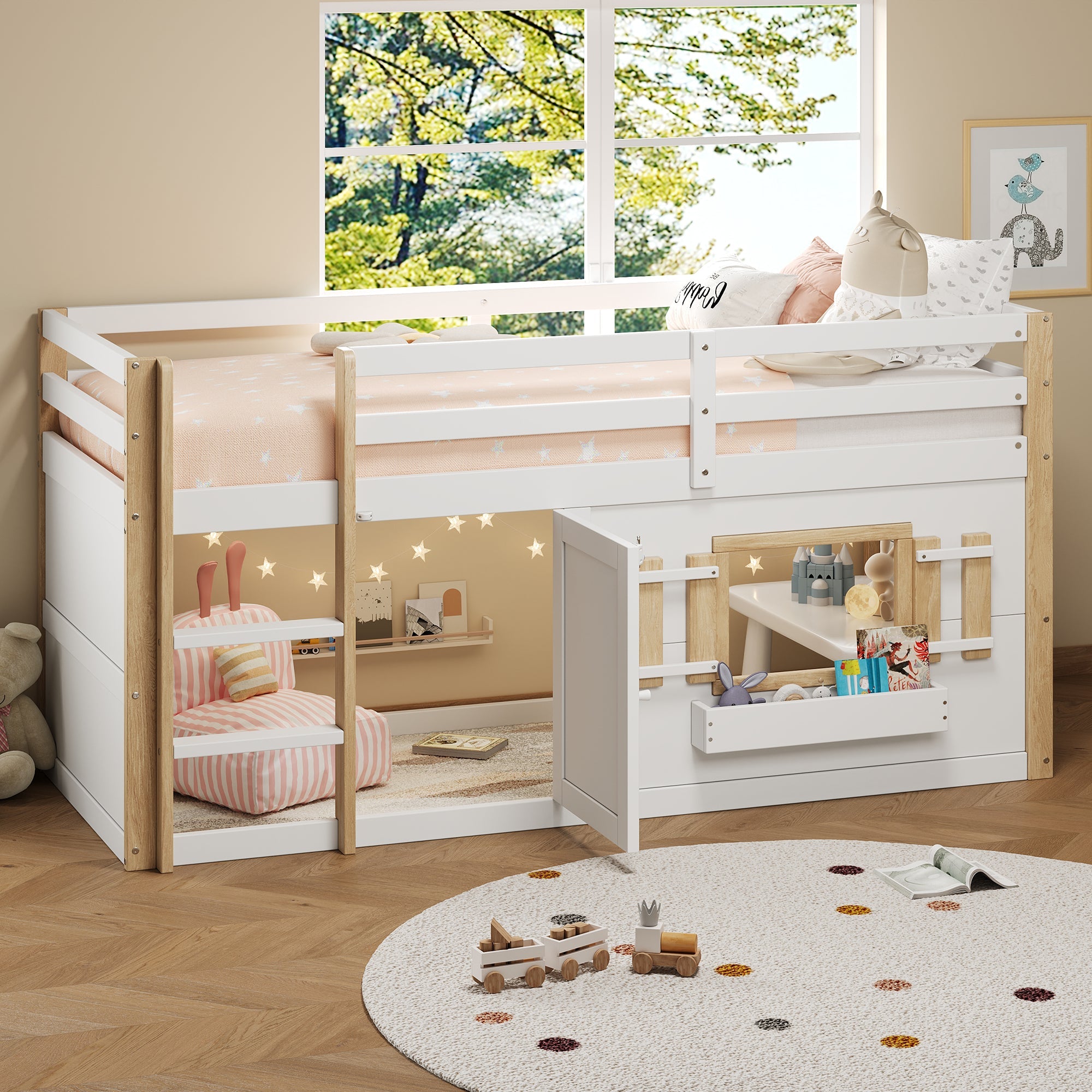 Children's Bunk/Loft Bed Multifunctional with Ladder & Play Area, White