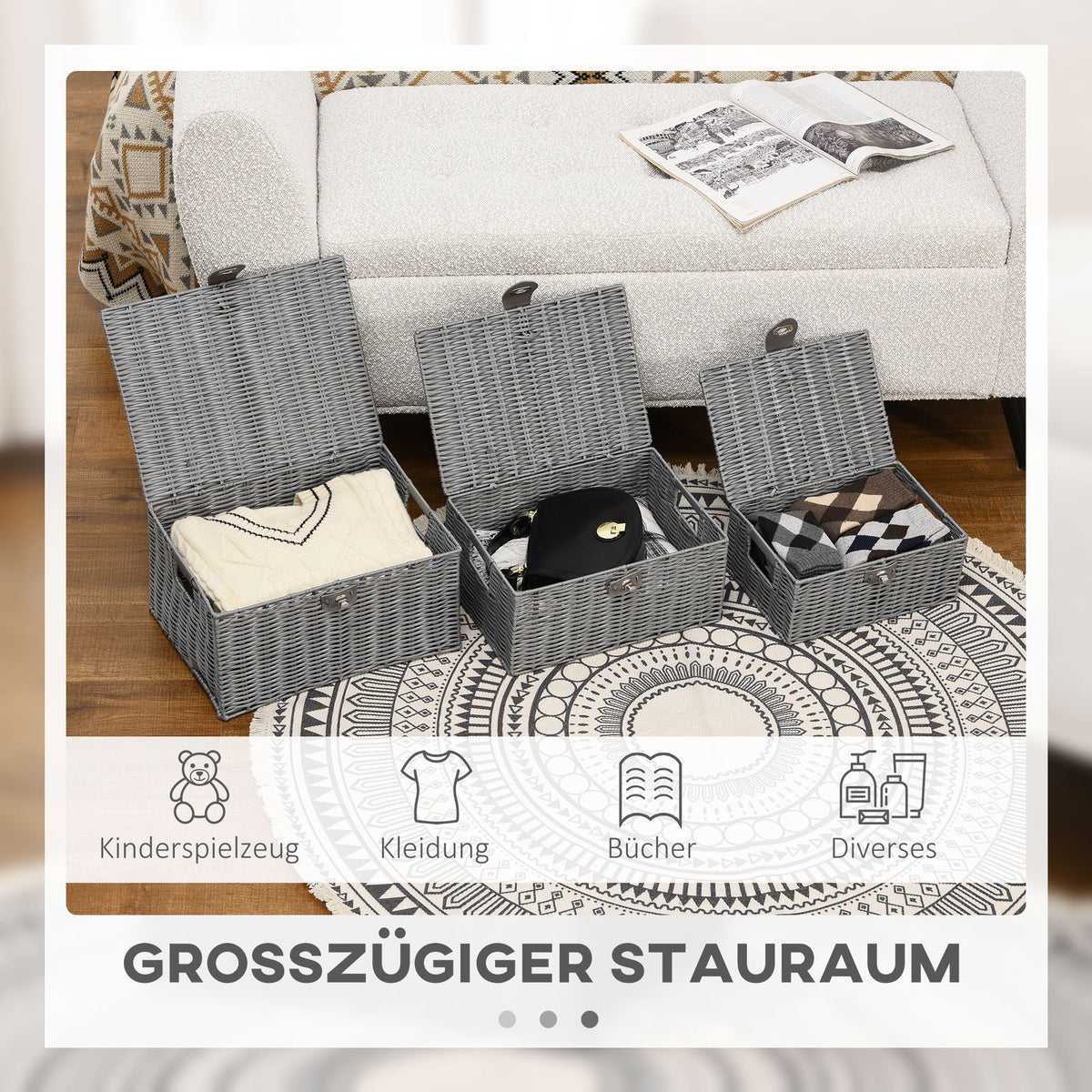 Storage Boxes Set of 3 with Lids & Buckles 18L 12L 7L, Grey