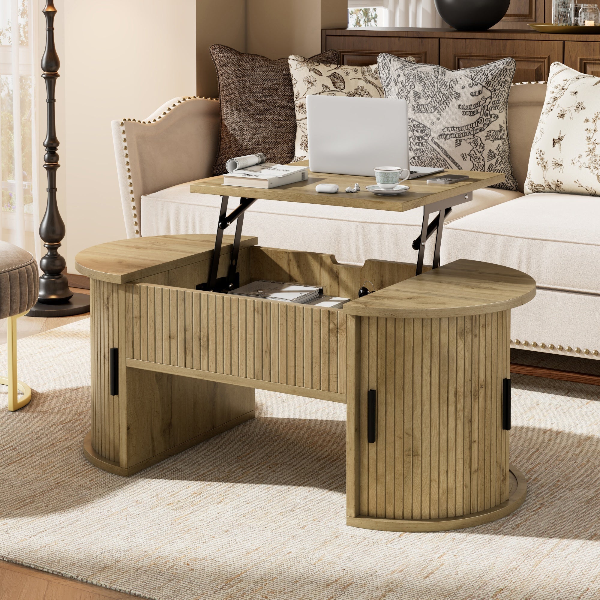Modern Height-Adjustable Coffee Table with Hidden Storage and Sliding Doors, Wood