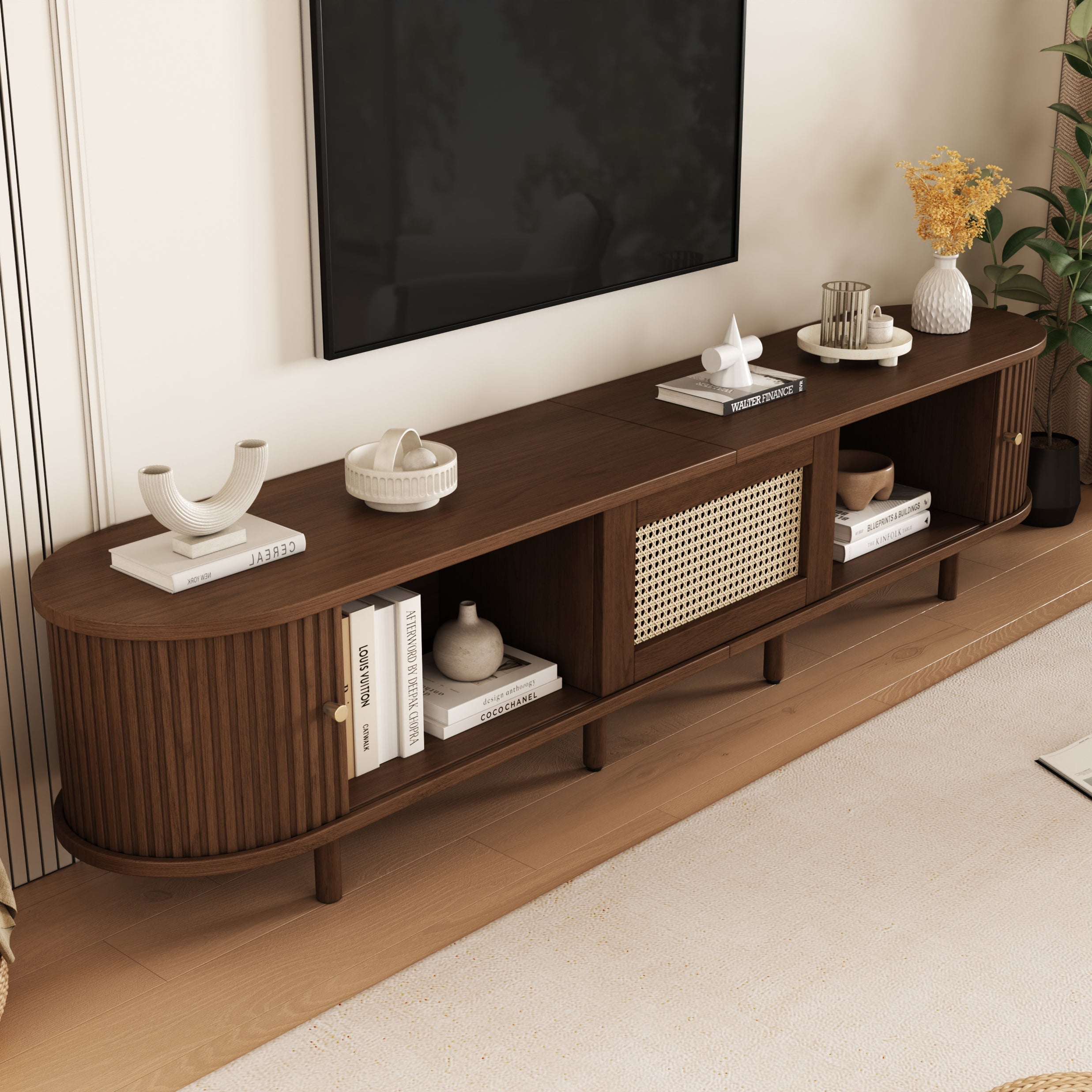 TV Stand with 1 Rattan Drawer, 2 Sliding Doors, Oval for 70 Inch TV, Dark Oak MDF