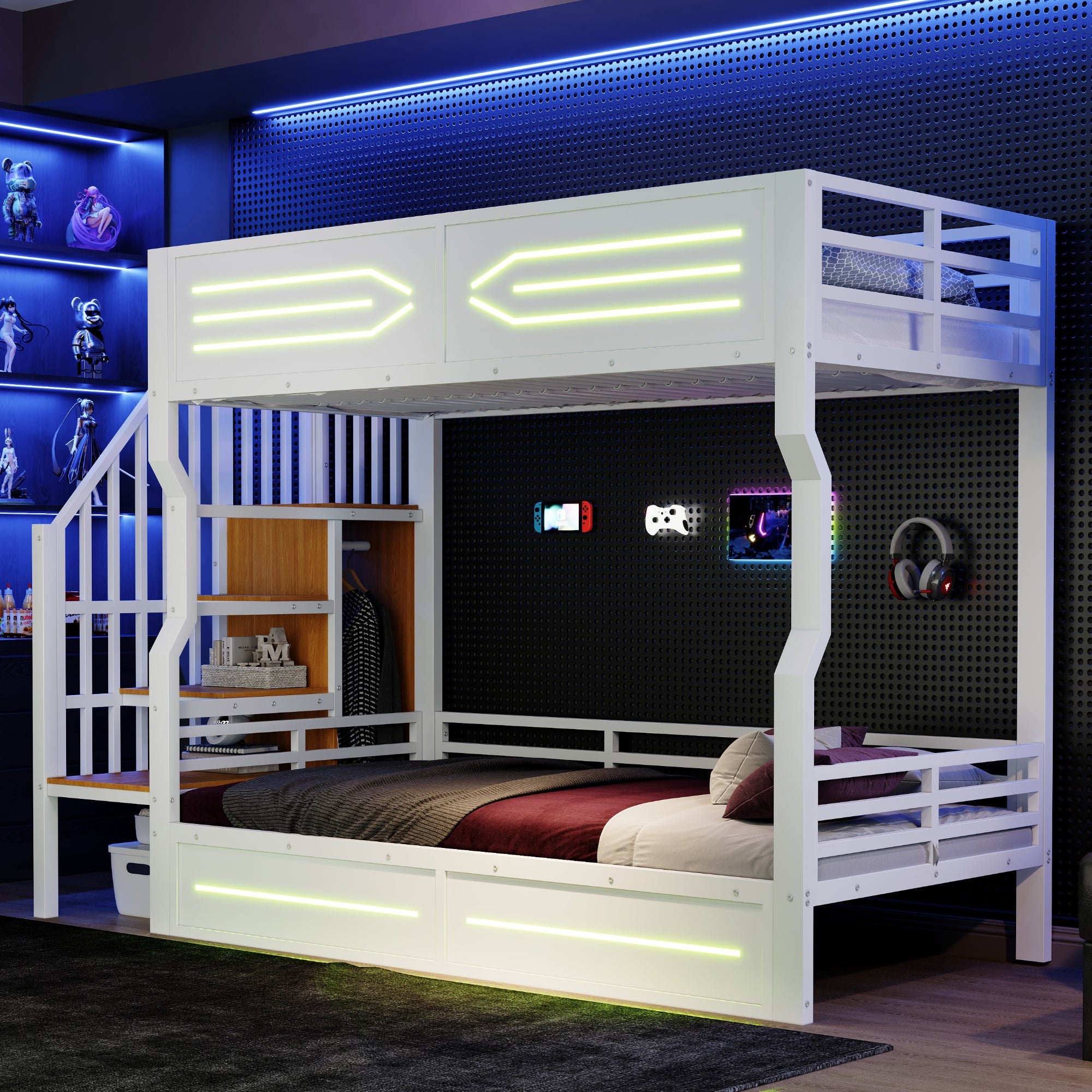 Iron Bunk Bed with Cabinet-Style Storage Stairs and LED Lighting, 90x200cm, White