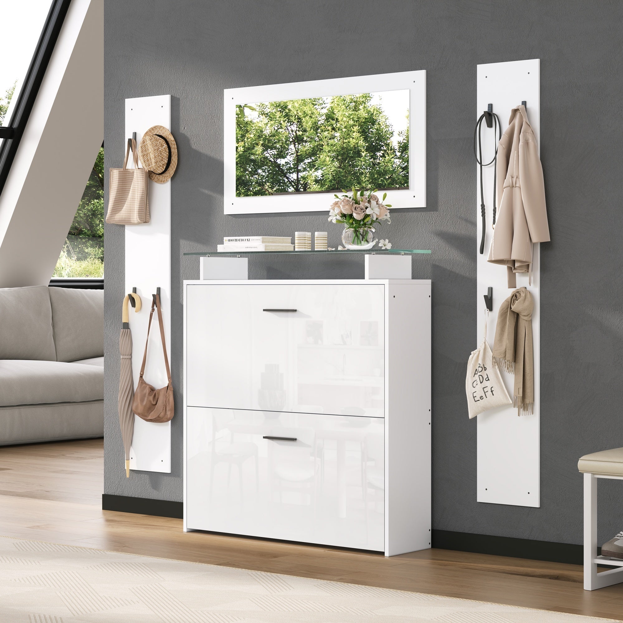 Wardrobe Set 4-Piece with Mirror Shoe Cabinet 8 Hooks, High-Gloss White