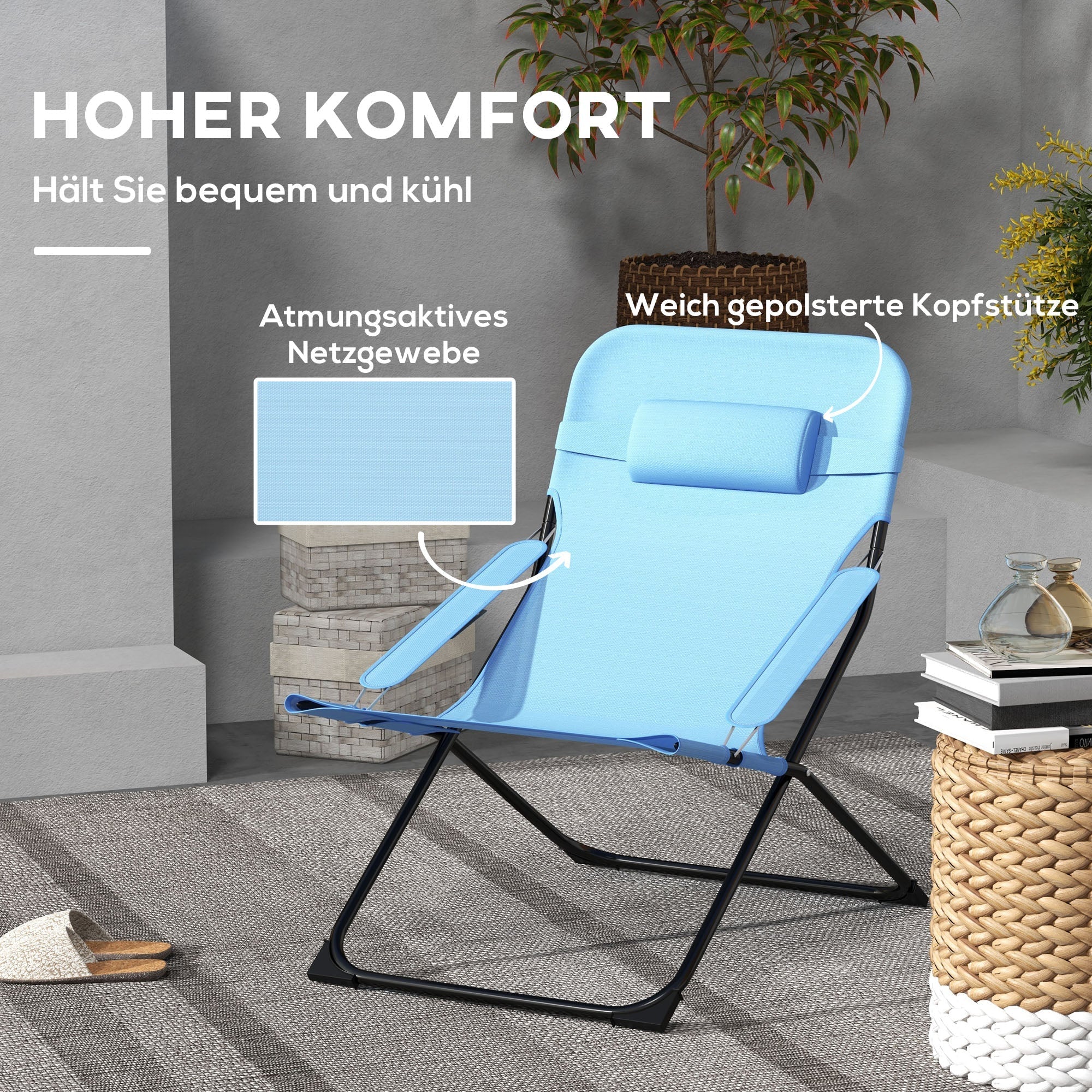 Folding Chair Adjustable Backrest Camping Pillow Mesh Blue