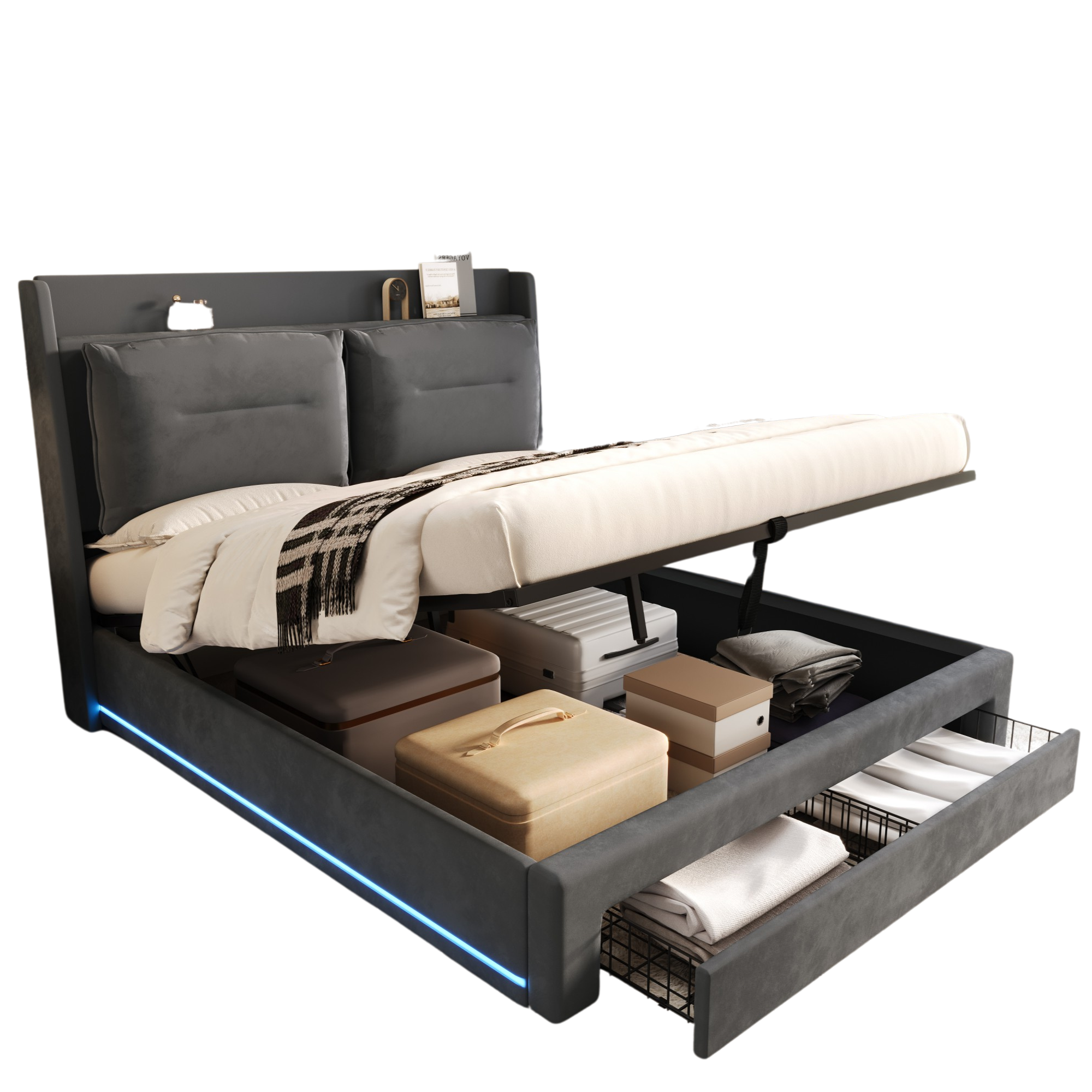 Upholstered Bed 180x200cm Hydraulic Storage LED Light Drawers - Velvet Dark Grey
