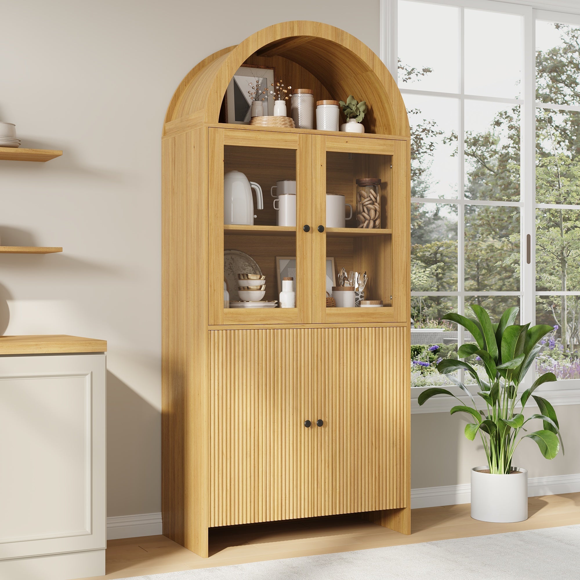 Sideboard with Arched Top, Glass Doors and Wave Pattern Storage Cabinet, Wood