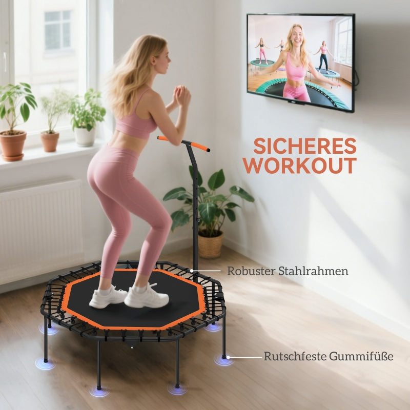 Fitness Trampoline Adjustable Handlebar Stable Indoor - Steel Orange