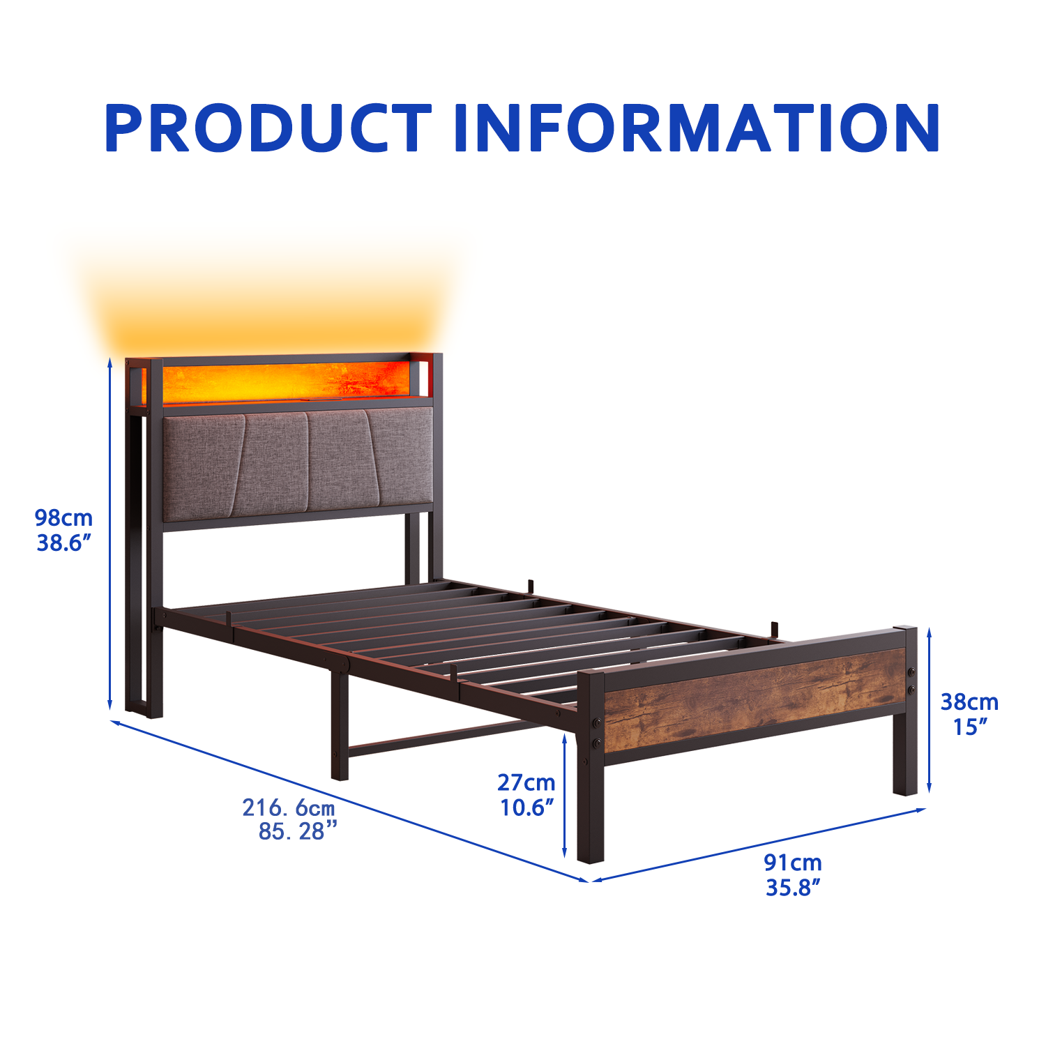 Bed Frame 90x200cm Smart LED Lights USB Charging - Metal