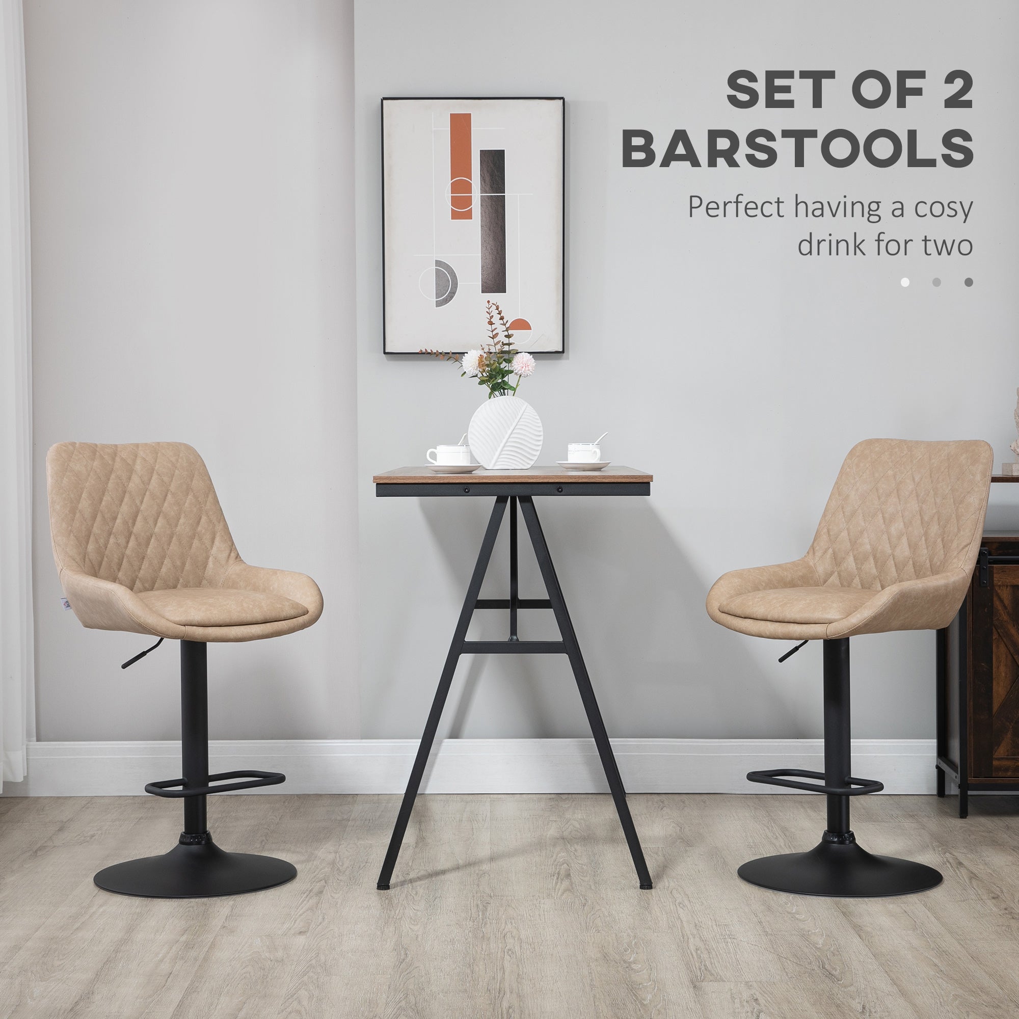 Retro Bar Stools Set of 2, Adjustable Upholstered Swivel Seat, Light Khaki