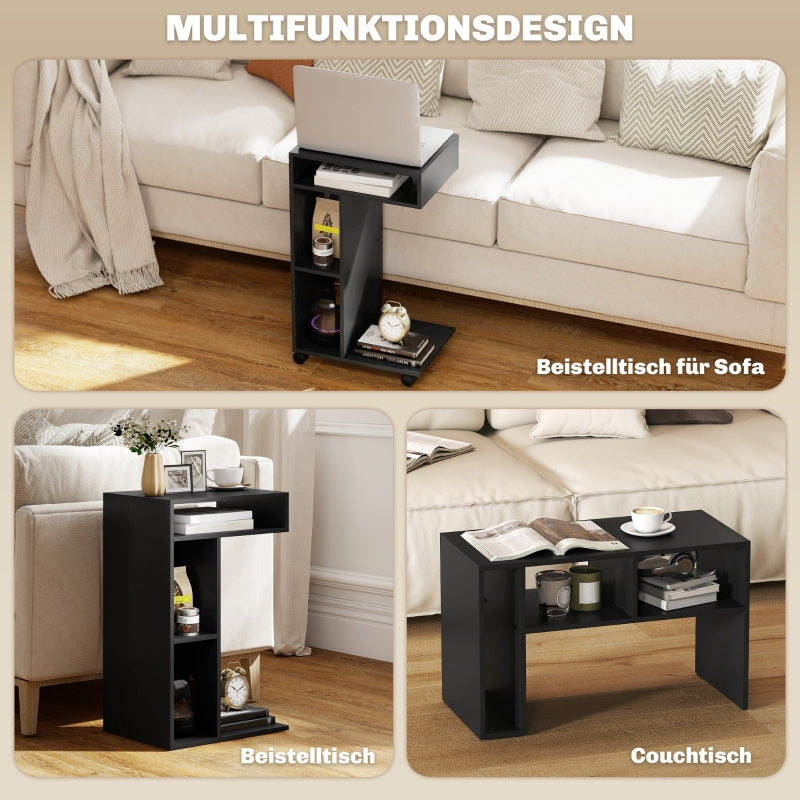 C-Shaped Serving Trolley 40x30x69cm 4 Wheels 3 Compartments - Black