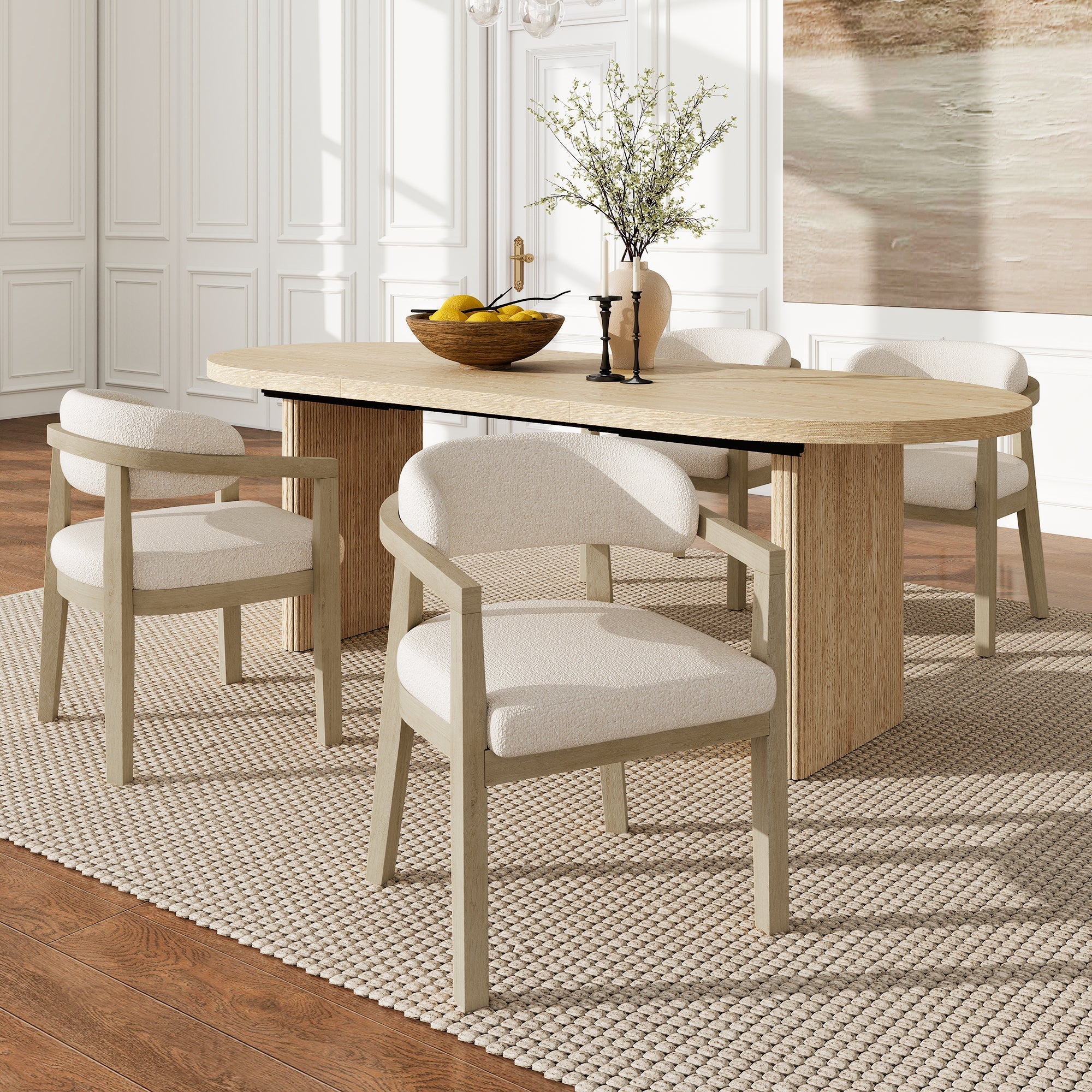 Solid Wood Dining Chairs Set of 6, Modern Style for Living Room and Cafe, Natural Bouclé