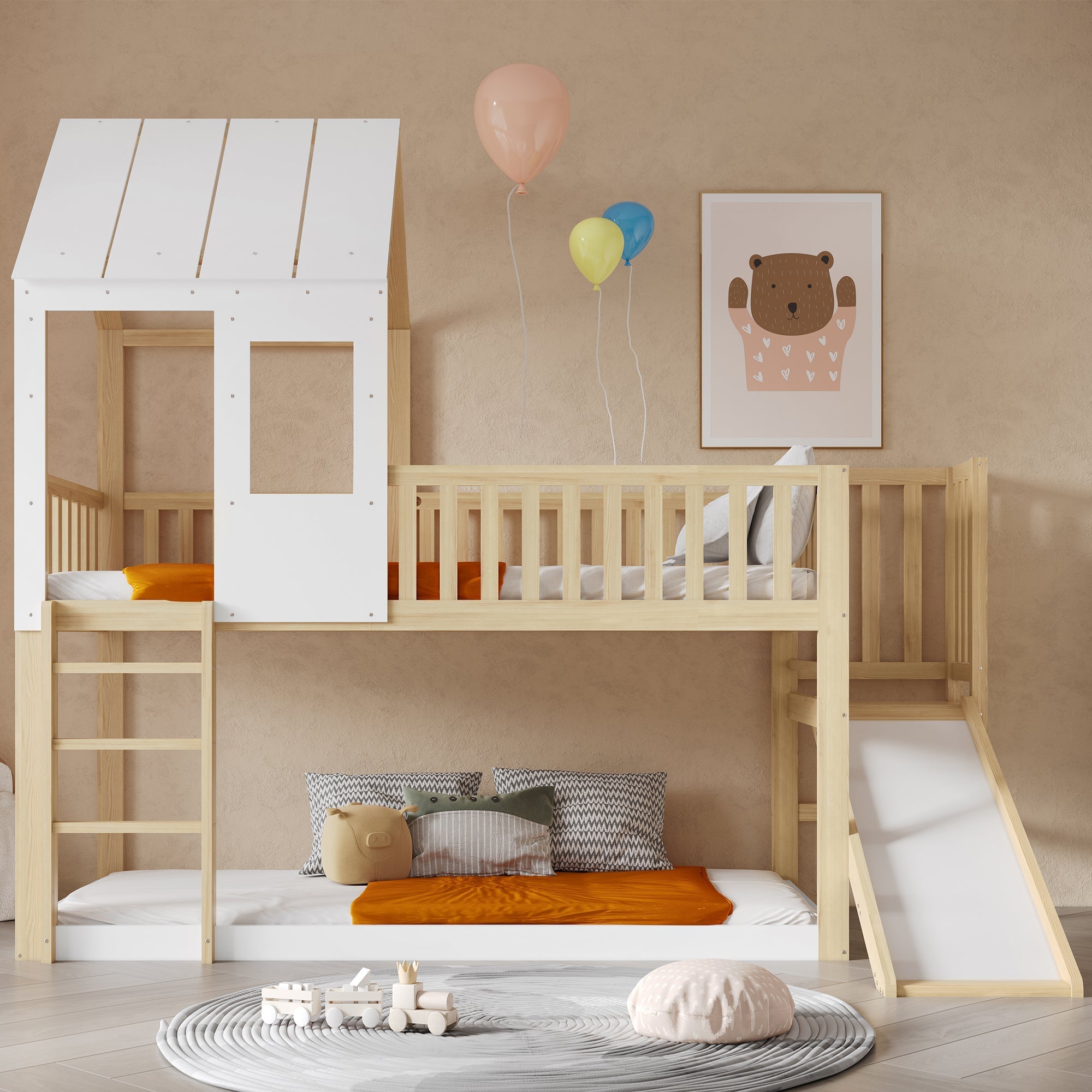 High Sleeper Bed with Slide, Roof, & Storage, 3ft Single, Pine/MDF, White/Wood Colour