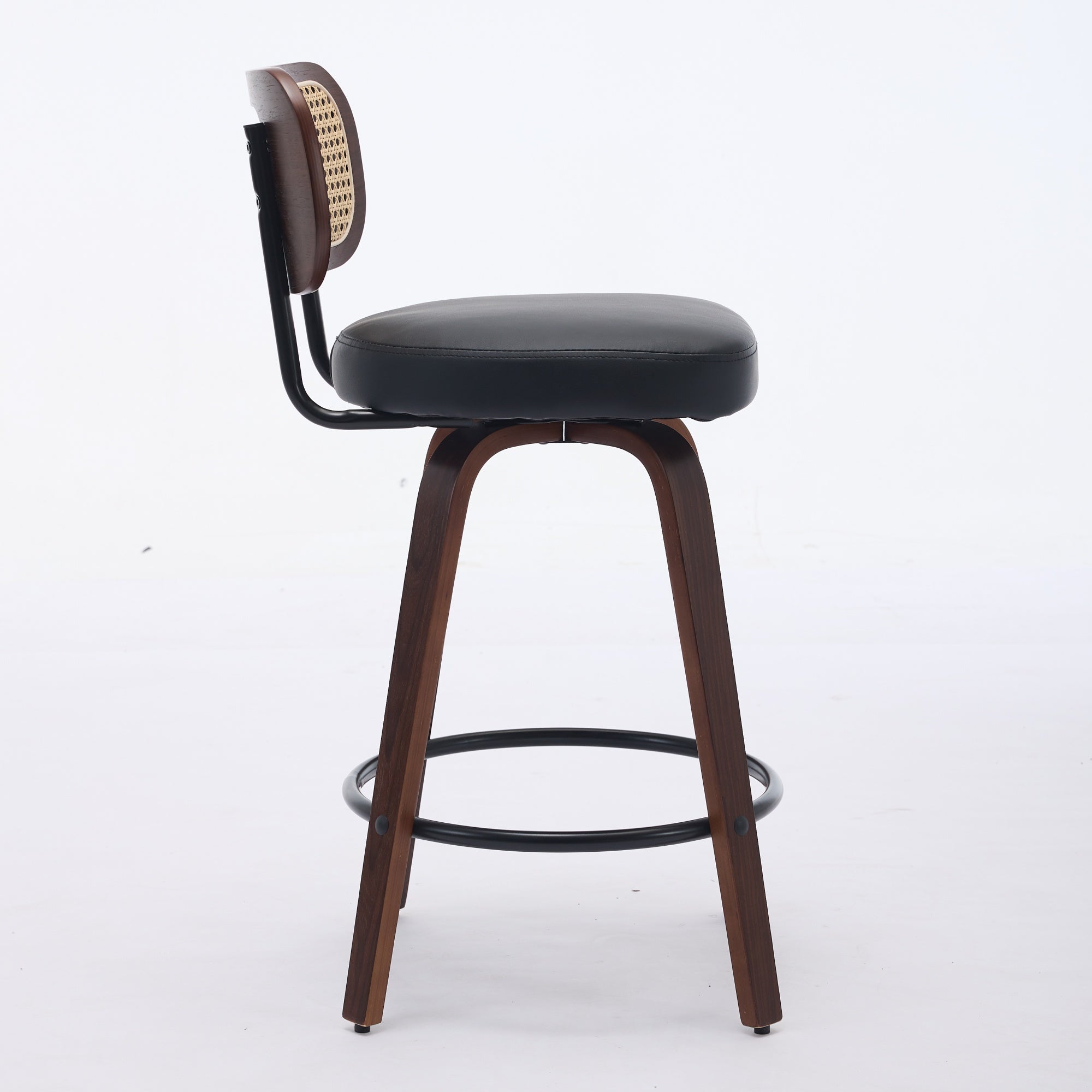 Set of 3 Counter Height Bar Stools Swivel Rattan Cane Back 26 inch Upholstered Seat Walnut Black