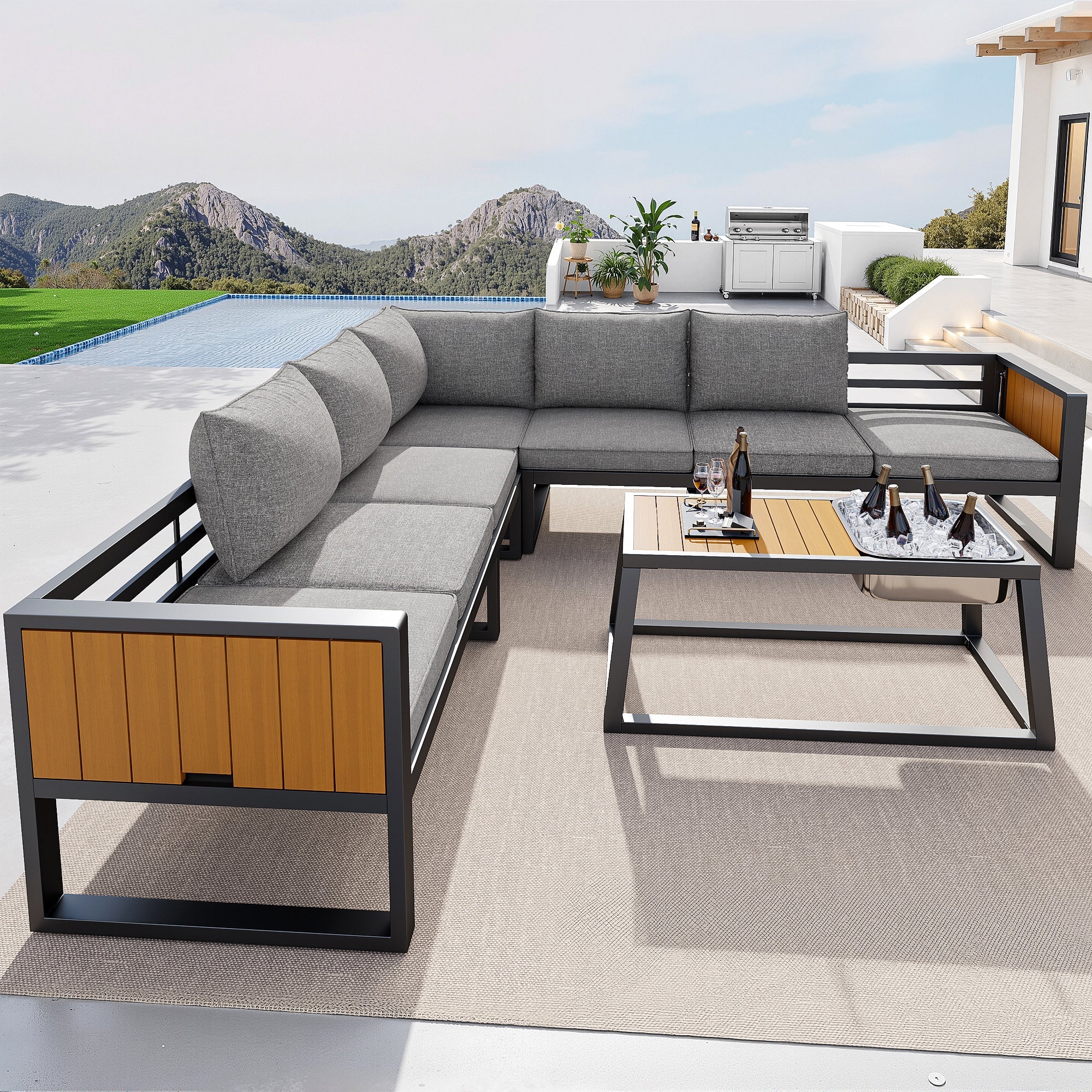 Modular Outdoor Sofa Set with Adjustable Backrest and Metal Ice Bucket, Grey/Beige